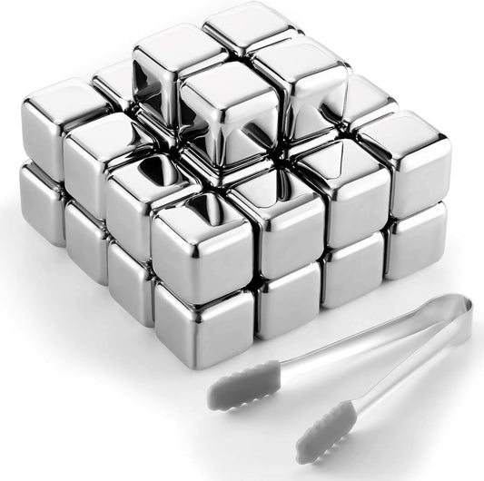 Yexiya 36 Pcs Reusable Stainless Steel Ice Cubes with Tongs Whiskey Cubes Vodka Metal Rocks Tool Ice Stones Rocks for Summer Drinks Chilling Whiskey Iced Coffee Vodka Liqueurs Wine Not Solid