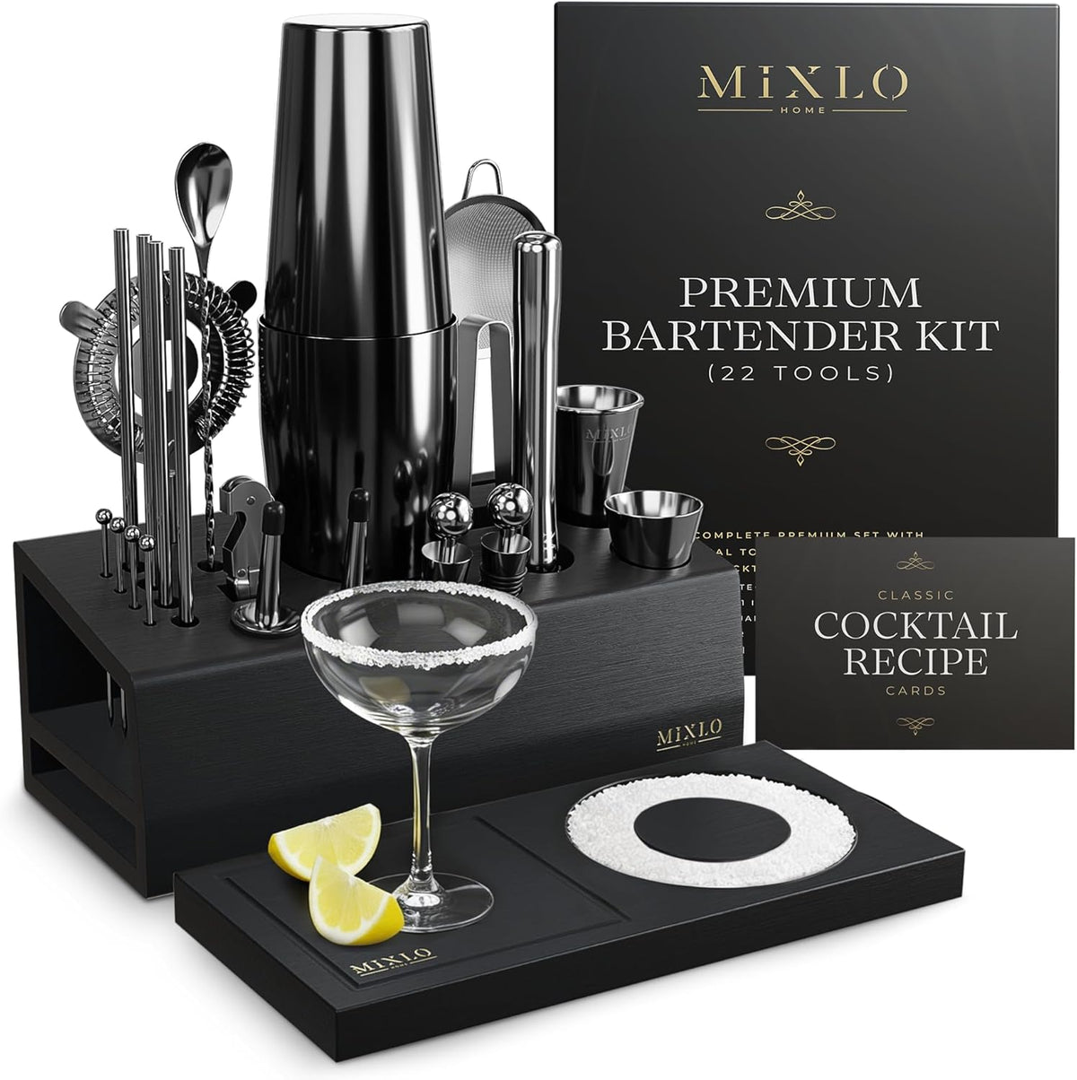 Mixology Bartender Kit -15Pcs Bar Set Cocktail Shaker Set w Black Bar Cart Accessories Stand - Shakers Bartending Silver Tools, 24oz Shaker, 17 Recipe Cards, Martini Barware - 22 Tools - Gun Metal Black