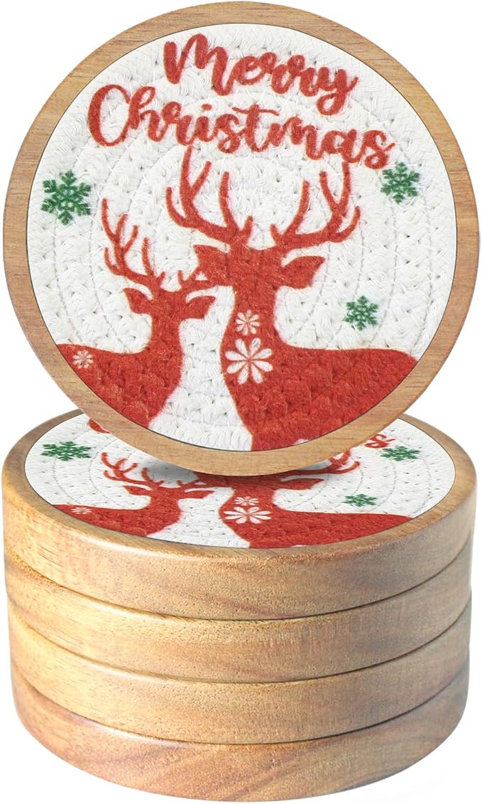 Wood Coasters for Drinks, Eykao Absorbent Coaster Sets of 5, Woven Drink Coasters for Coffee Table, Housewarming Gift for Farmhouse Home Decor,4 inches - #2 Red