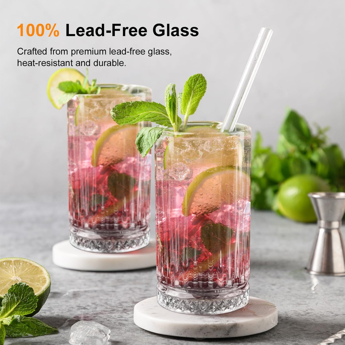 Highball Glasses Set of 4, 16oz Tall Drinking Glasses, Lead-free Crystal Water Glassware for Juice, Cocktails, Iced Tea