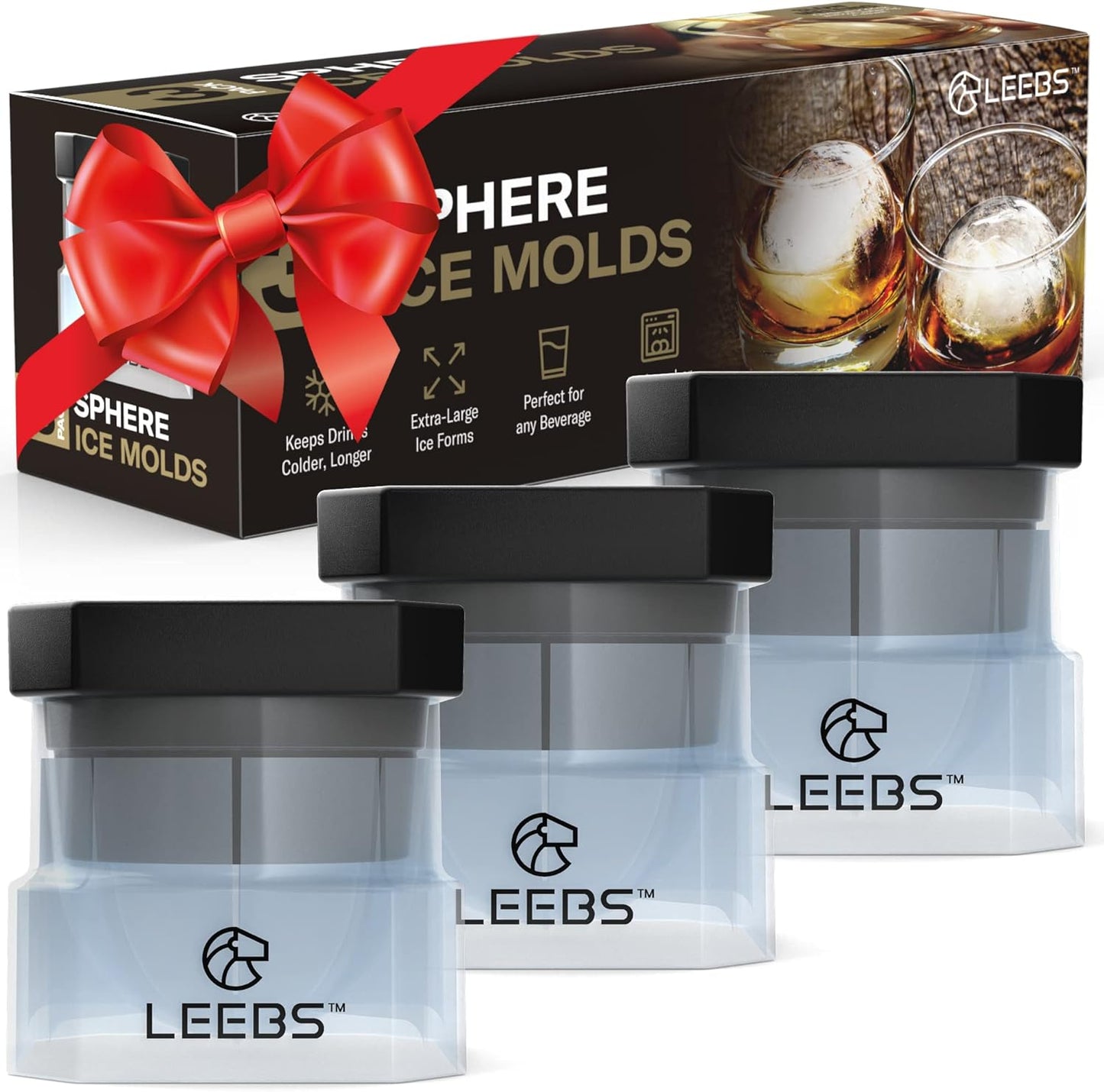 Silicone Freezer Press Sphere Ice Ball Maker Mold, 3 Pack for Large Round Craft Whisky Ice Balls - Bourbon, Scotch, Old Fashioned, Cocktail Drinks - by LEEBS