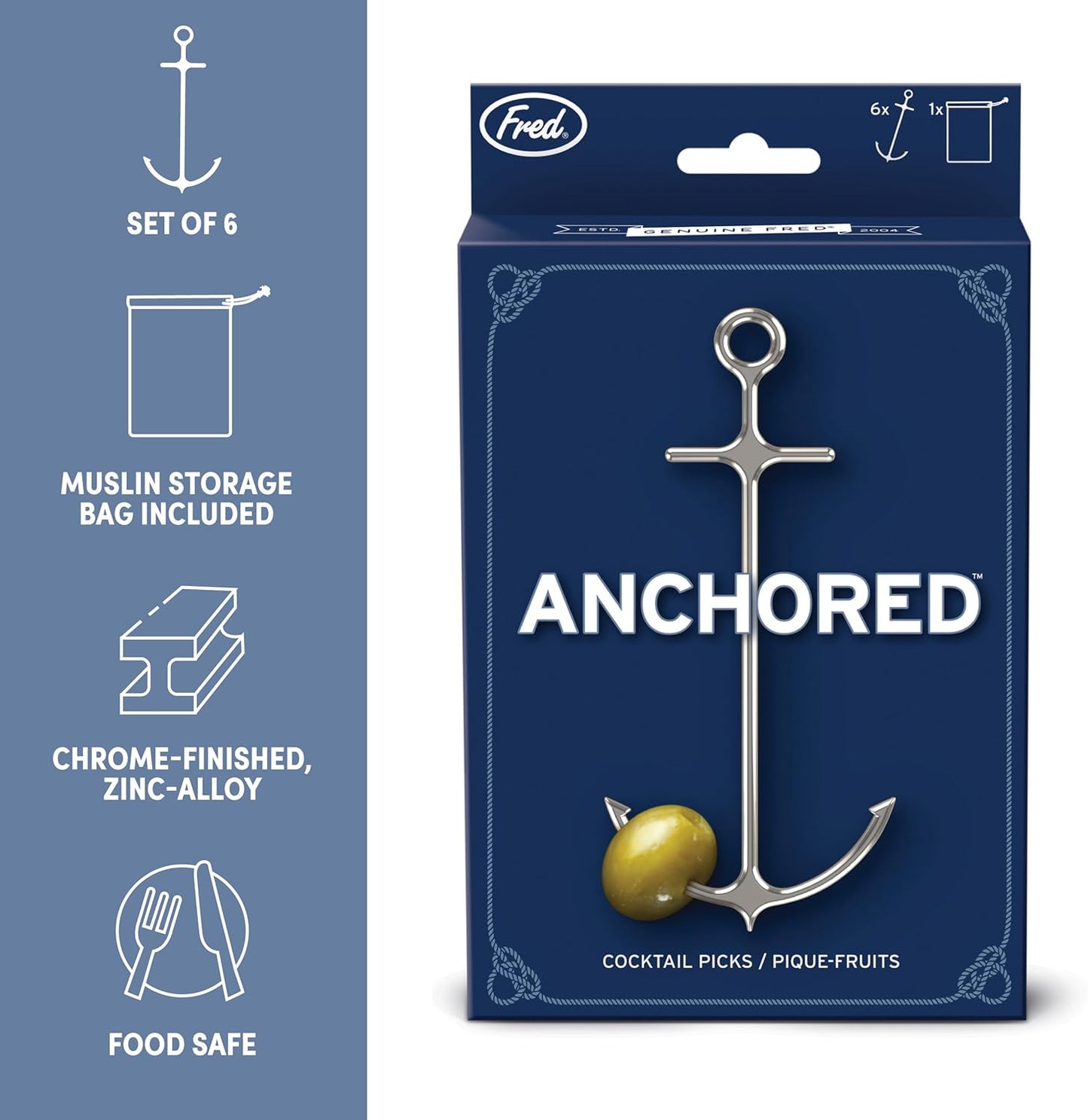 Genuine Fred ANCHORED Cocktail Picks Set of 6 Reusable steel picks for garnishes Muslin bag for easy storage Nautical design