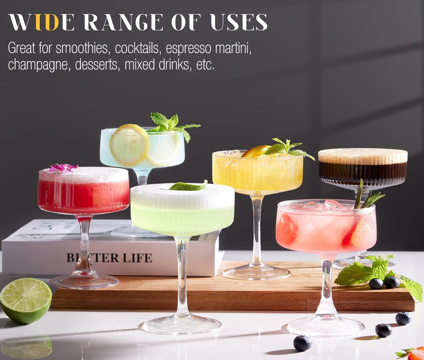 LUNA & MANTHA Martini Glasses, Martini Cocktail Glasses for Margarita, Manhattan, Cosmopolitan, Espresso, Home Bar, Evening Parties, Birthdays, Housewarming Gift,Coupe Set of 6 10oz