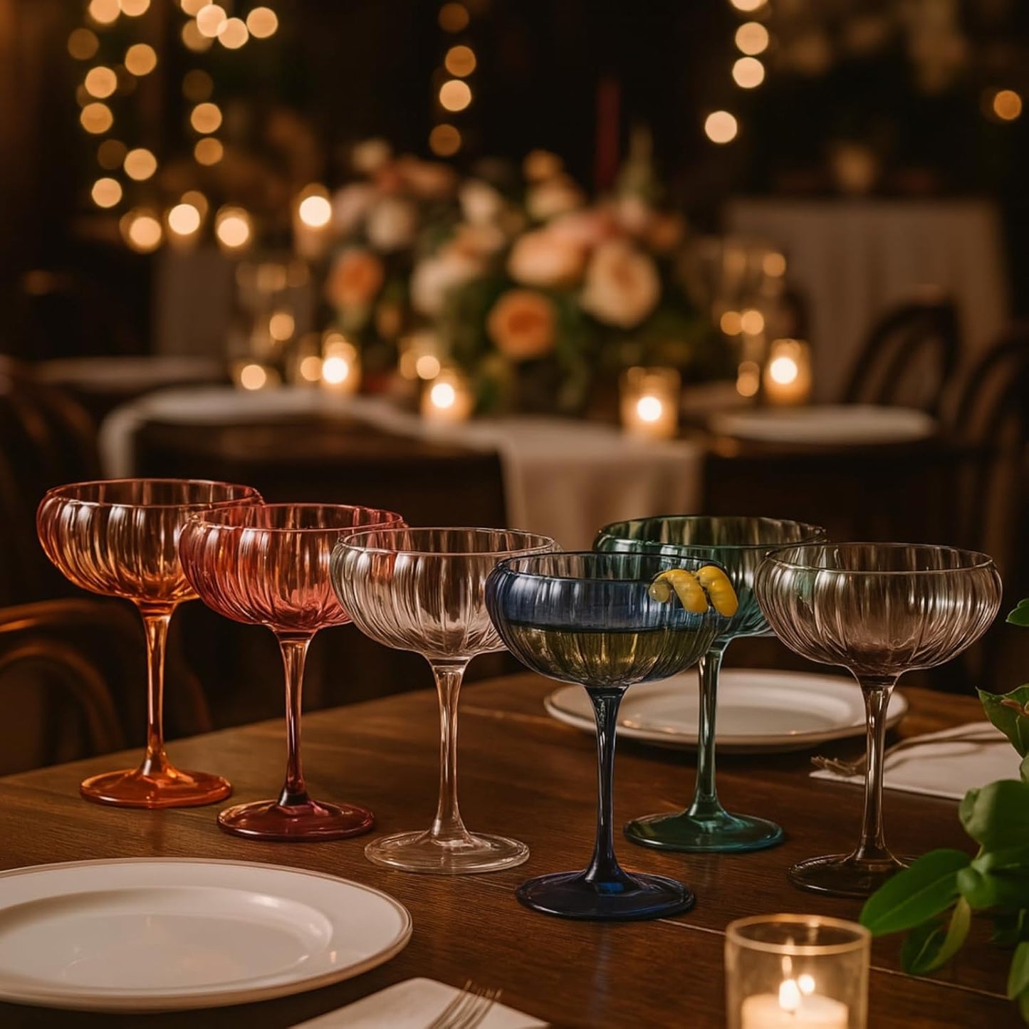 Khen Flower Modern Wavy Glass Coupes Martini, Champagne & Cocktail Coupes - Set of 6-7.7 oz Colorful Cocktail Glasses & Champagne, Prosecco, Mimosa Glassware Copyright Design - Muted Pastel Colors