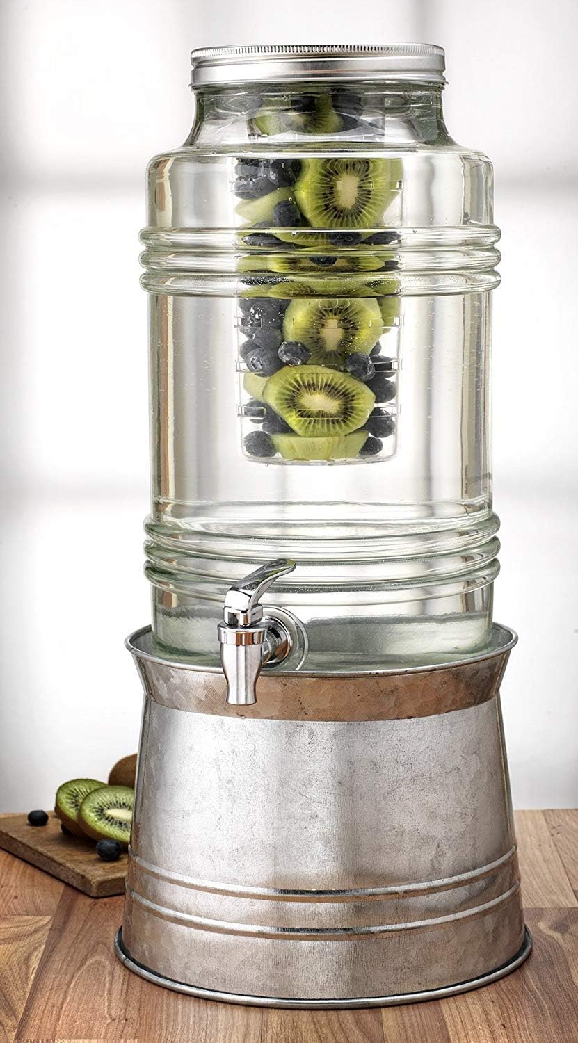 Circleware Breeze Glass Beverage Dispenser with Base Metal Stand Transforms to Ice Bucket, Lid, Fruit Infuser and Ice Insert, Entertainment Kitchen Drinking Glassware, Party, Huge 2.4 Gallons