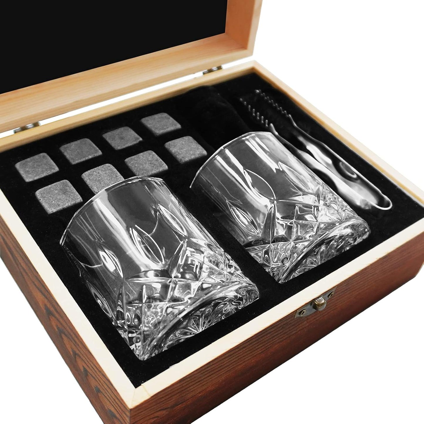 Whiskey Stones Gift Set,Whiskey Glasses Set 8 Granite Chilling Whisky Rocks, 2 Bourbon Glasses,Best Drinking Gifts for Men Dad Husband Birthday Anniversary Present，Plus 2 Free Coasters.