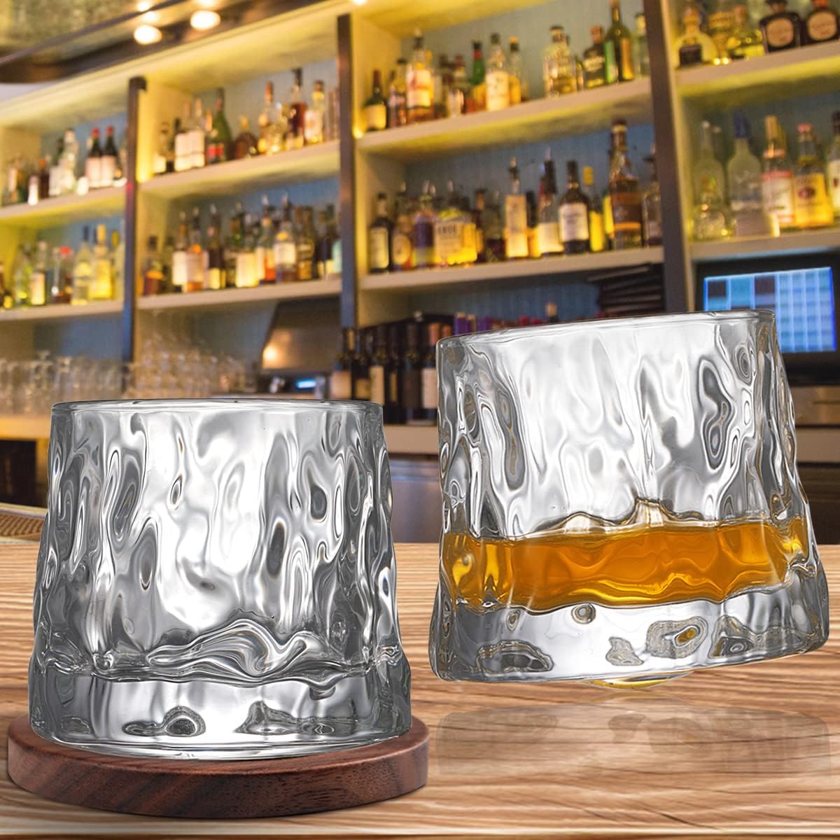 Whiskey Glasses Set of 2, Rotatable Tumbler Crystal Glass Cups, Drinking Glasses with 2Pcs Creative Walnut Coasters and Gift Box - for Scotch,Bourbon,Cocktails