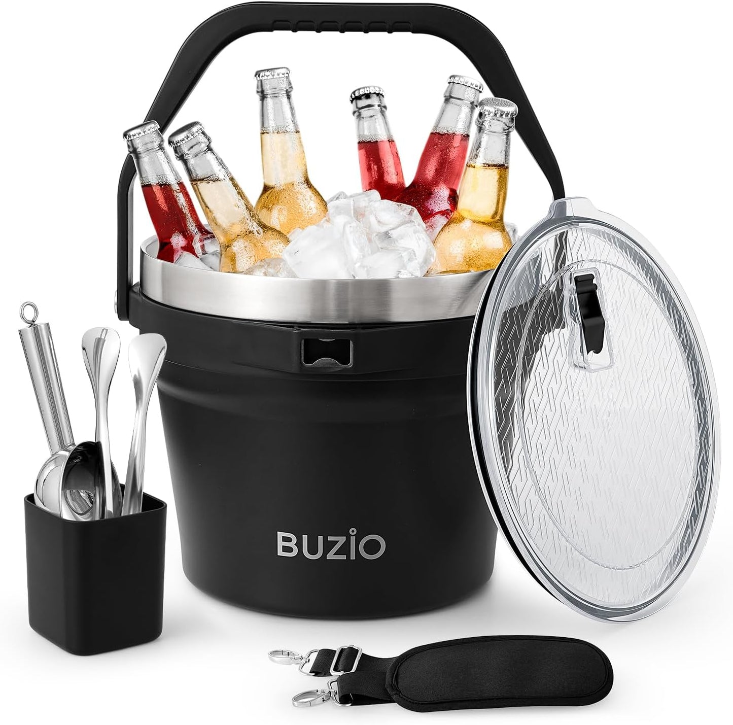 BUZIO 7.4 Qt/7 L Insulated Ice Bucket with Lid and Scoop & Tongs for Parties, Double Wall Vacuum Stainless Steel, Holds 6 Longnecks or 3 Wine Bottles, Large Beverage Bucket for Cocktail Bar, Black