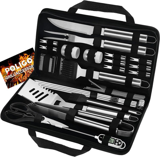 POLIGO 29 PCS BBQ Grill Accessories Stainless Steel BBQ Tools Grilling Tools Set with Storage Bag for Fathers Day Dads Birthday Presents - Camping Grill Utensils Set Ideal Grilling Gift for Men Silver - Silver
