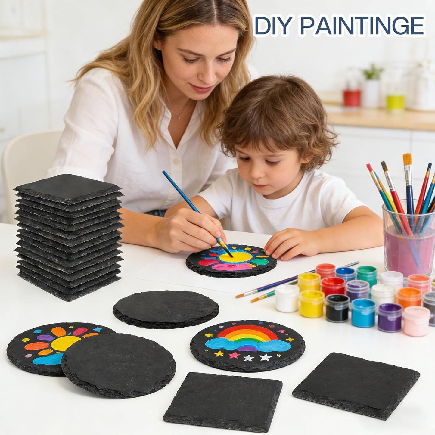 24 Pieces Slate Coasters, Diameter Size 4 inch Black Coasters Stone Coaster Set, Perfect for use in Your Home, Office, Kitchen,bar,Christmas or Anywhere.（12 Square Pieces+12 Round Pieces）