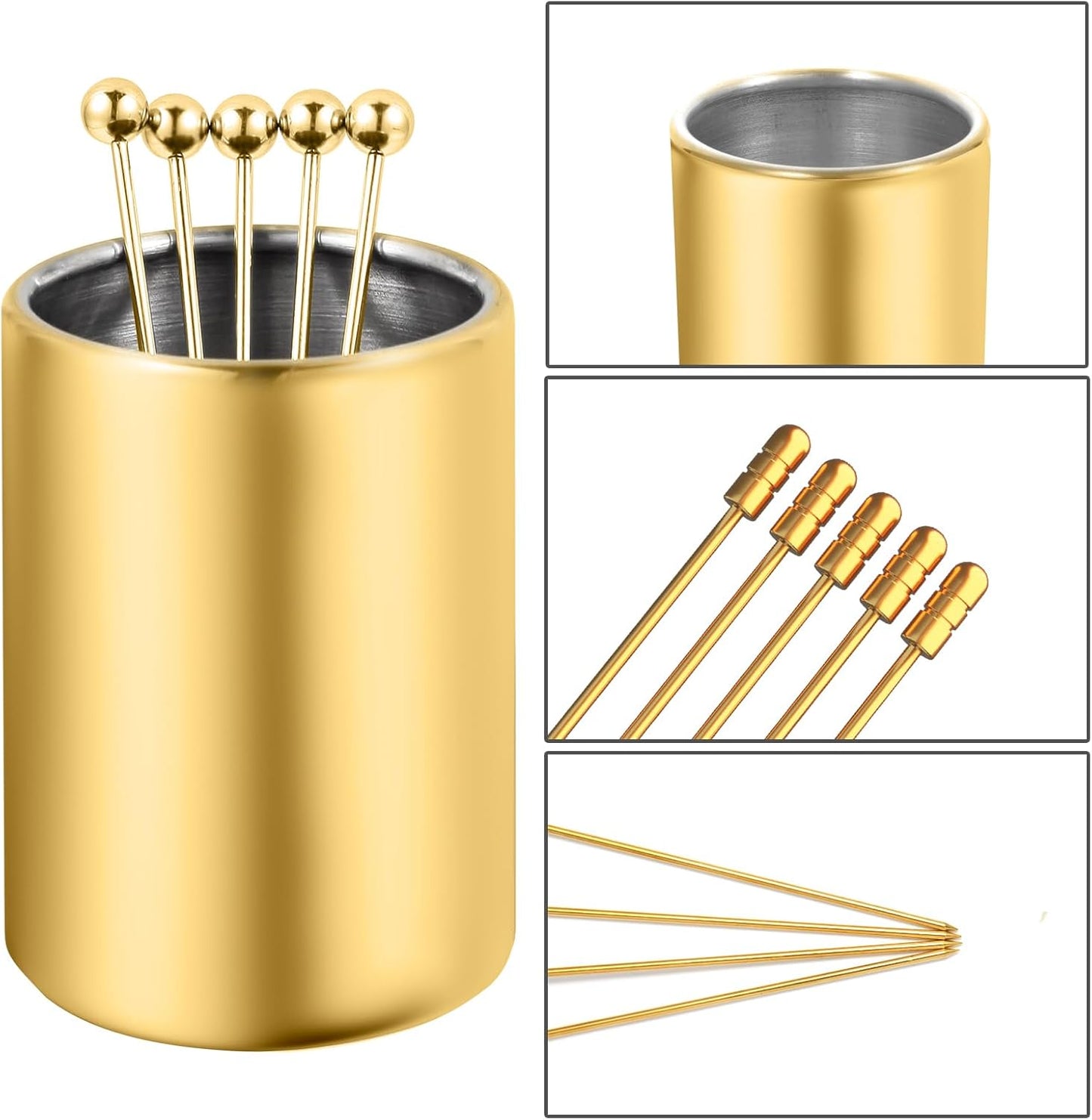 Metal Cocktail Picks 12Pack+Holder Kit, 304 Stainless Steel Toothpicks, Reusable Cocktail Skewers, Garnish Picks Bloody Mary Skewers, Martini Picks for Olives Appetizers Fruit (Mix Gold)