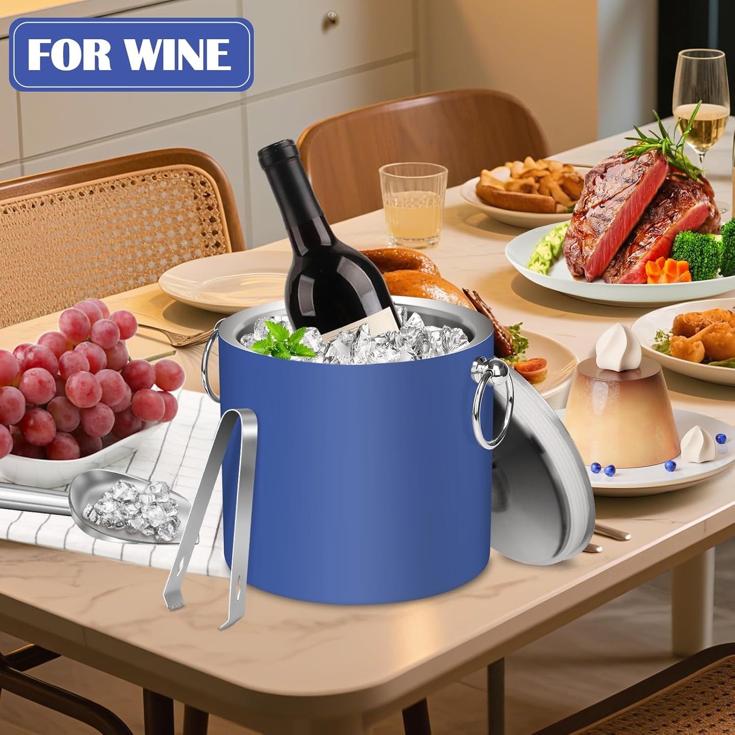 Ice Bucket with Lid & Tong- Well Made Insulated Stainless Steel Keep Ice Frozen Longer - Ideal for Cocktail Bar, Parties, Chilling Wine, Champagne - 3 Liter (Blue)