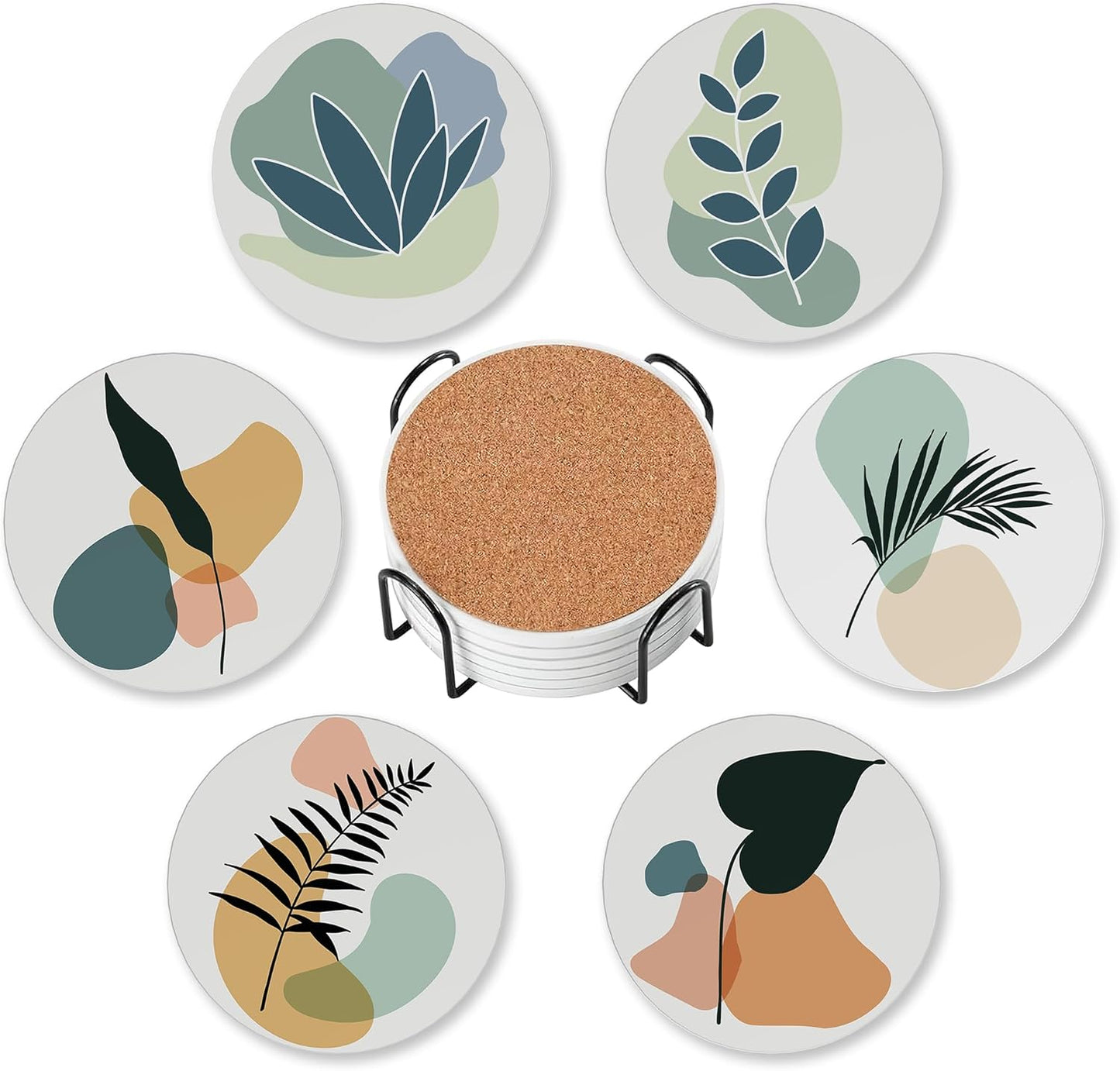 Coasters for Drinks Absorbent with Holder,Boho Abstract Leaves Sets of 6 Durable Cup Coaster for Coffee Table Protection,Great Housewarming Birthday Gifts,Home Decor