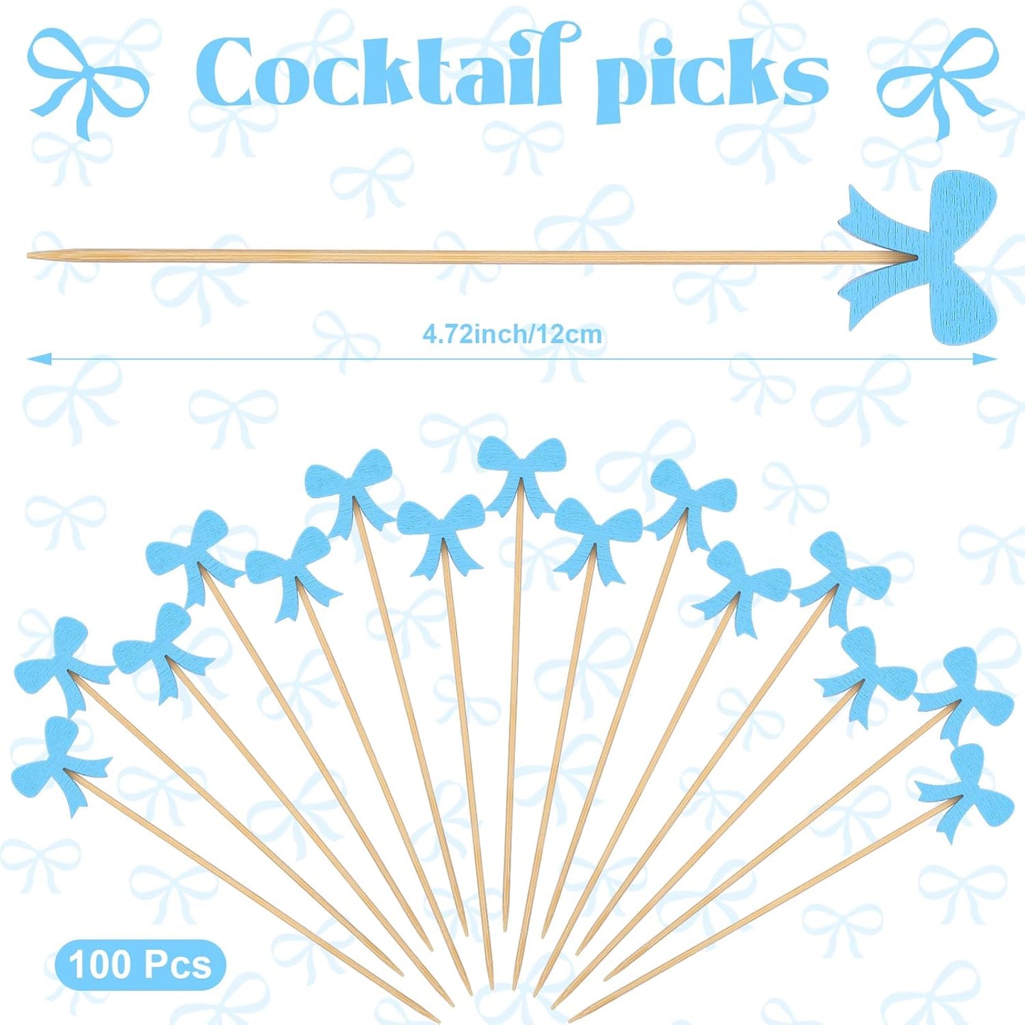 Tioncy 100 Pcs Blue Bow Cocktail Picks Swizzle Stick Toothpicks 4.72 Inch Long Bamboo Fancy Toothpicks for Appetizers Drinks Birthday Bridal Wedding Baby Shower Party Decoration