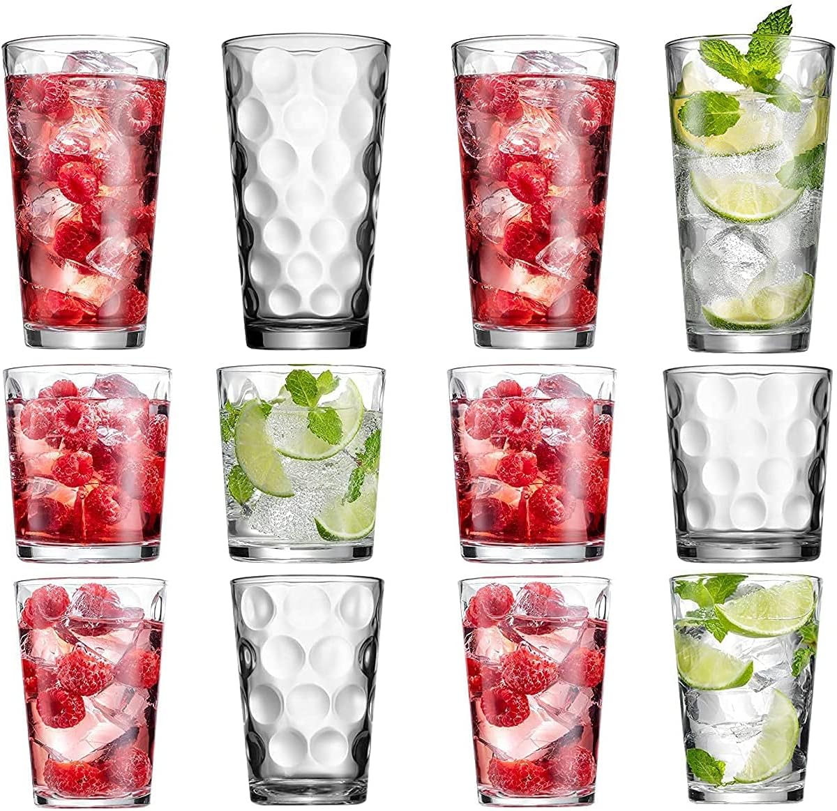 Set of 12 Elegant Everyday Stackable Drinking Glasses - Includes 4-17oz Highball Tumbler Glassware, 4-13oz DOF Rock Glasses, 4-7oz Juice Glasses for Mixed Drinks, Water, Beer, Wine.