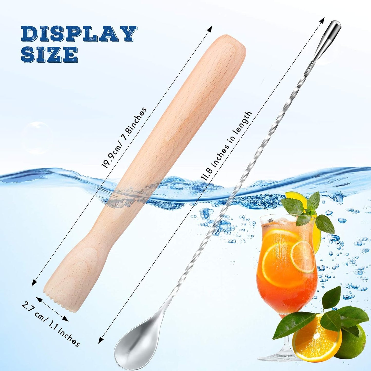 Patelai Wooden Cocktail Drinks Muddler 7.8 Inch Cocktail Muddler and 12 Inches Bar Spoon Stainless Steel Shaker Spiral Mixing Spoon for Making Cocktails Mojito Lemonade Fruit Drinks(Simple Style)