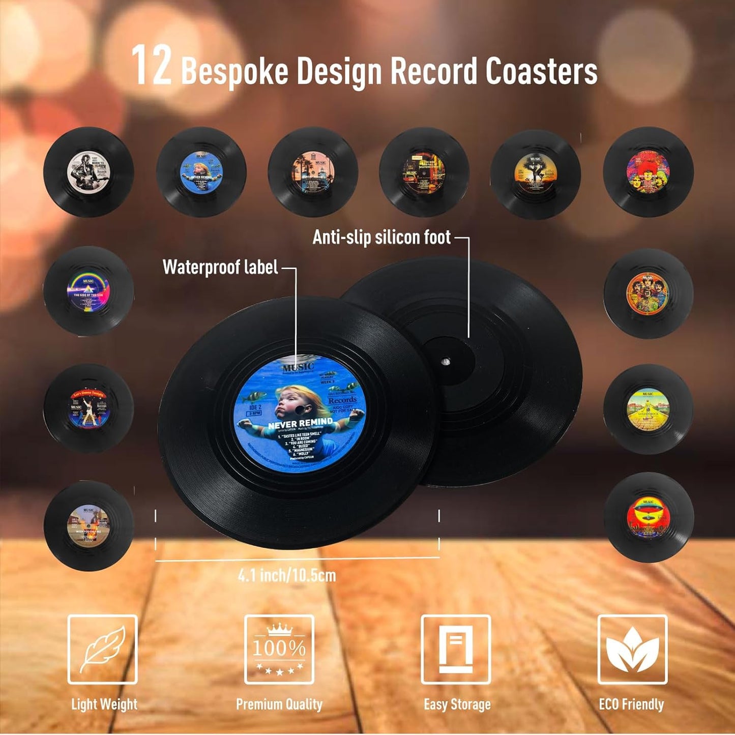 Funny Retro Vinyl Record Coasters, Creative Drink Coasters Set of 12 for Music Lovers, Housewarming Hostess Gifts, Birthday and White Elephant Gifts Ideas (12) (v03b)