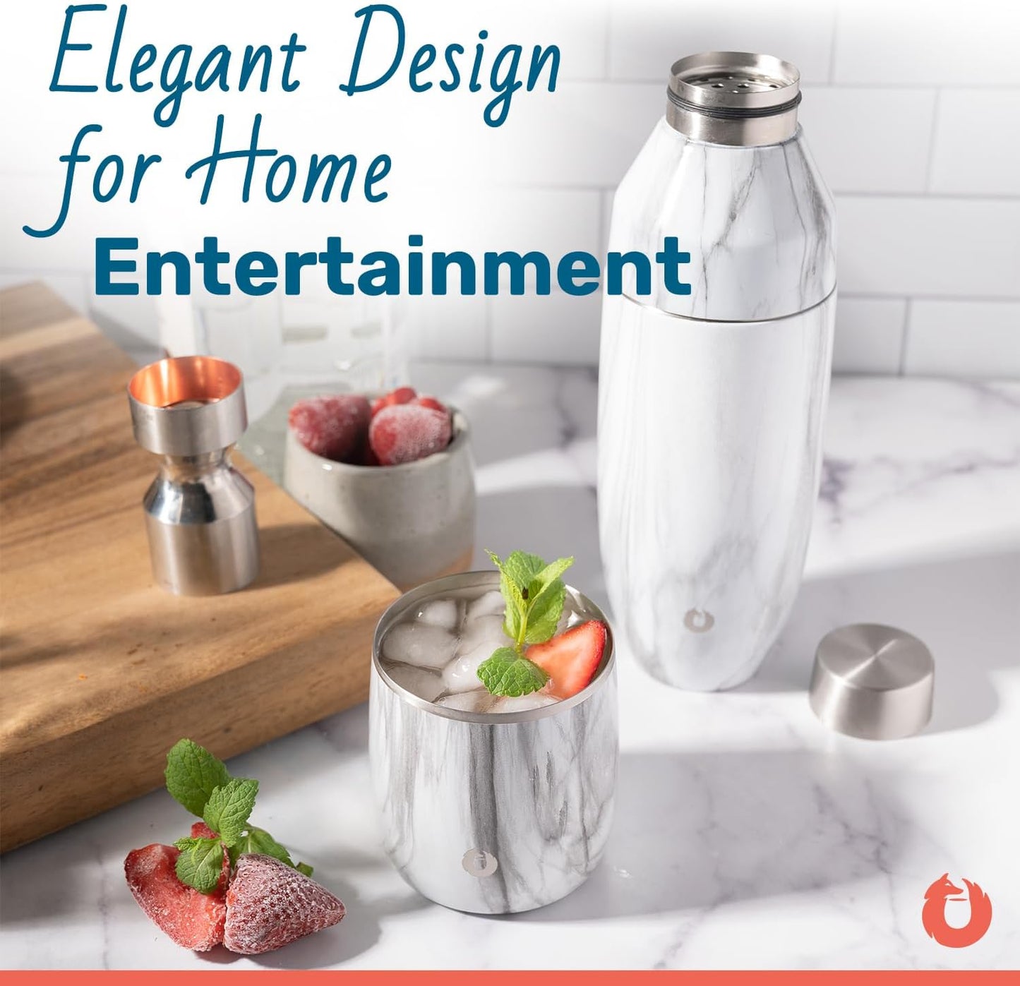 SNOWFOX Premium Vacuum Insulated Stainless Steel Cocktail Shaker, Home Bar Accessories, Elegant Drink Mixer, Lid With Jigger & Built In Strainer, Marble, 22oz.