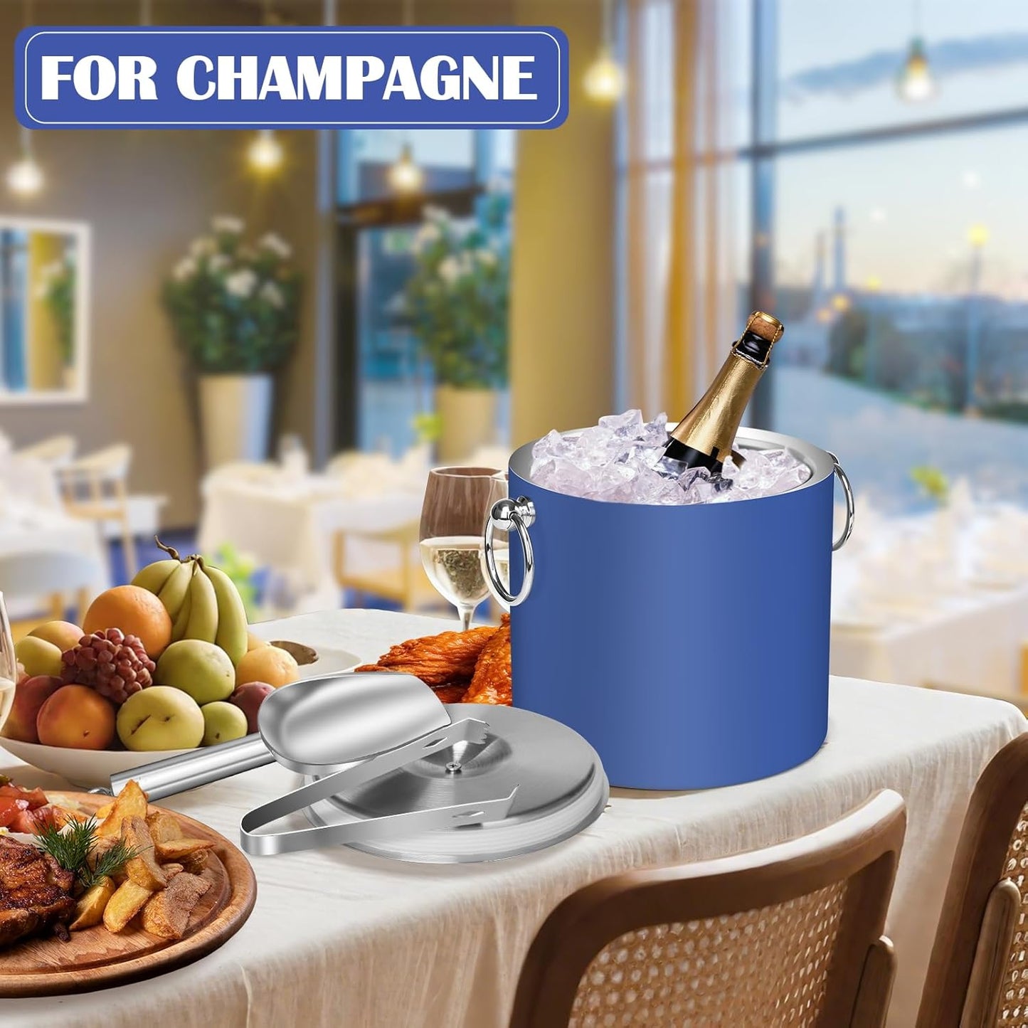 Ice Bucket with Lid & Tong- Well Made Insulated Stainless Steel Keep Ice Frozen Longer - Ideal for Cocktail Bar, Parties, Chilling Wine, Champagne - 3 Liter (Blue)