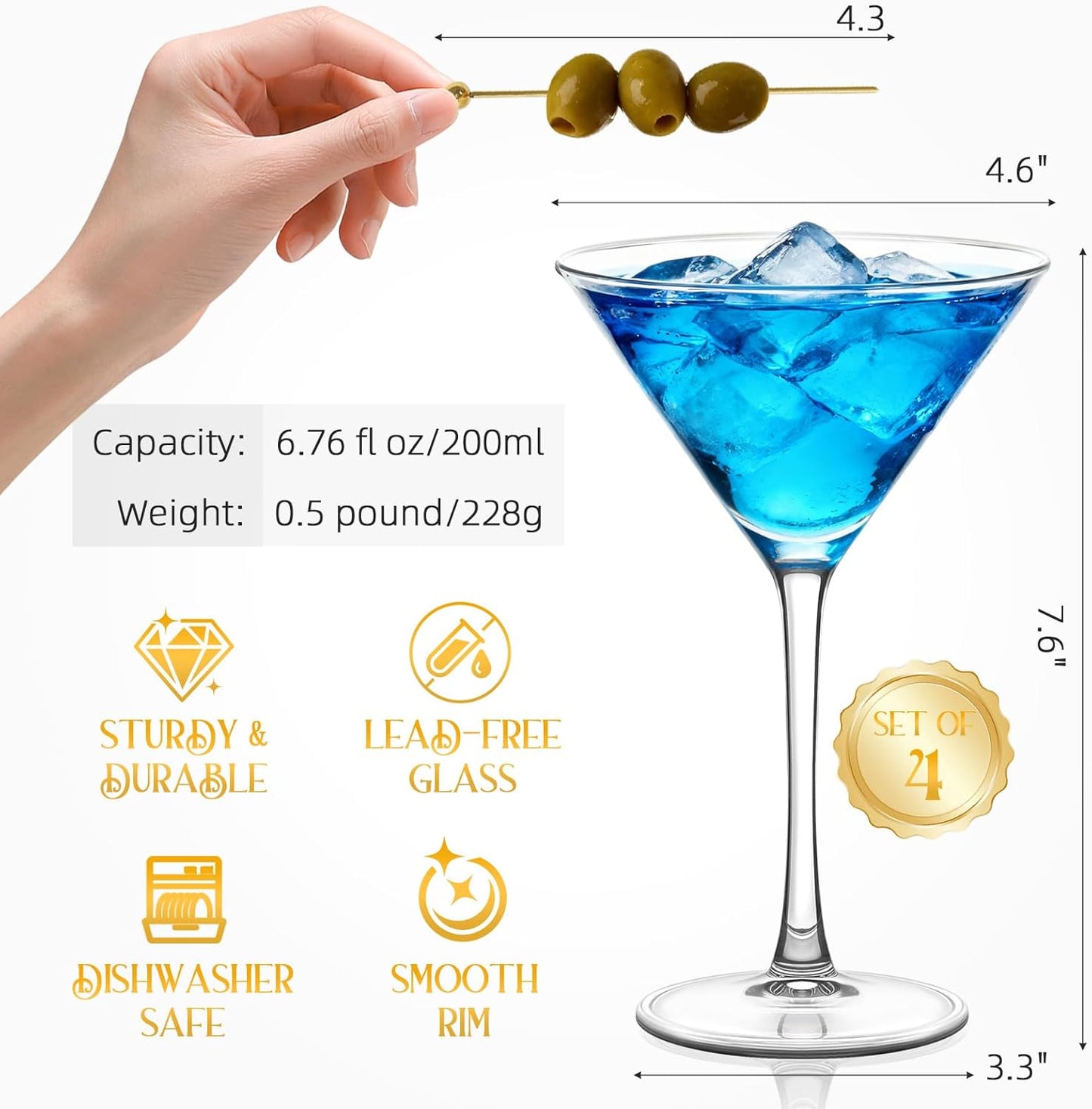 Martini Glasses Set of 4, Classic Crystal Glass Cocktail Glasses with Golden Cocktail Picks & Exquisite Box, Clear Hand Blown Coupe Glasses for Drink, Martini, Espresso Martini, Home Bar