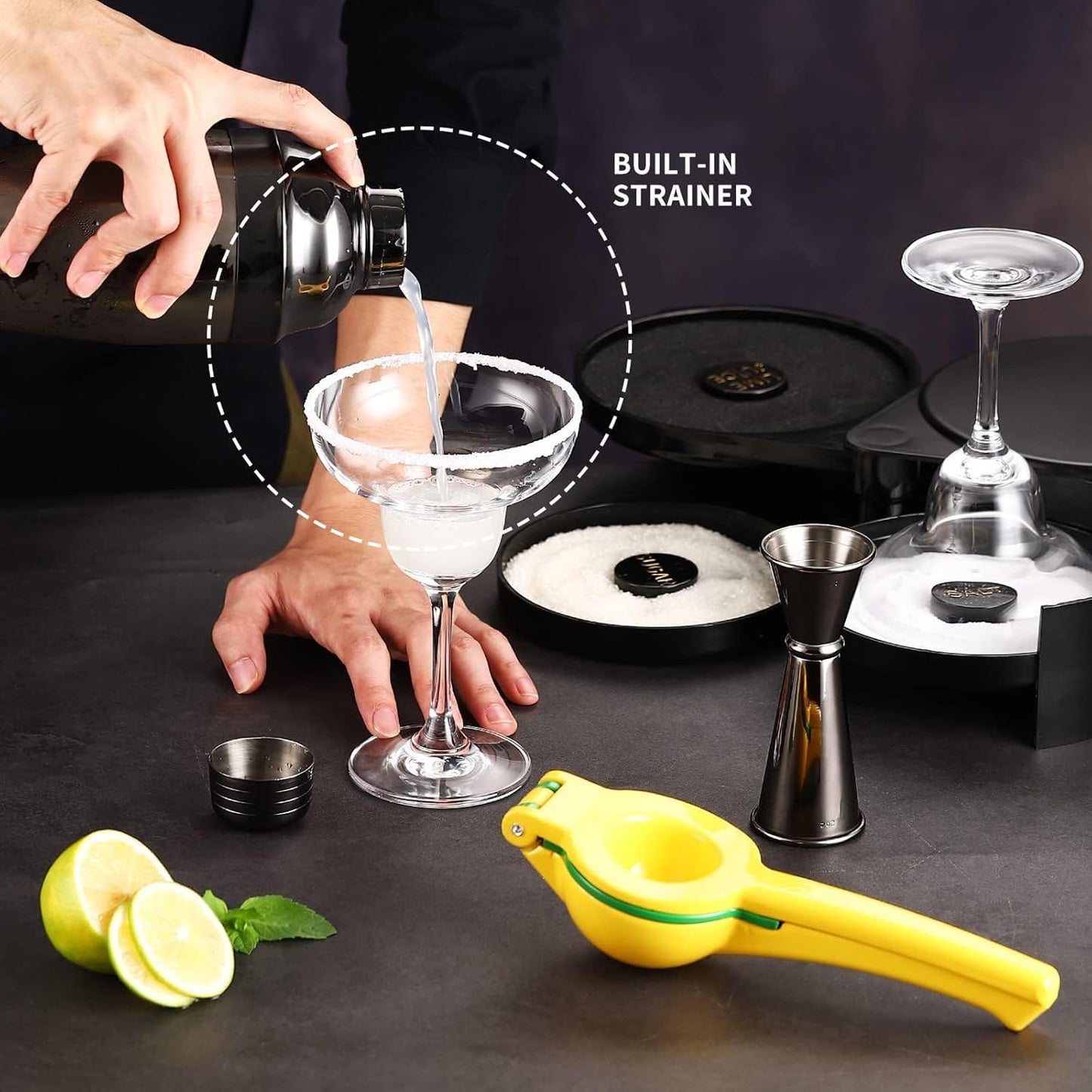 Margarita Kit - Set of 2 Margarita Glasses (8.5oz), 3-Tier Salt Rimmer, Stainless Cocktail Shaker & Jigger, Coasters，Cocktails Cards，Citrus Squeezer and More - Margarita Kit Gift Set