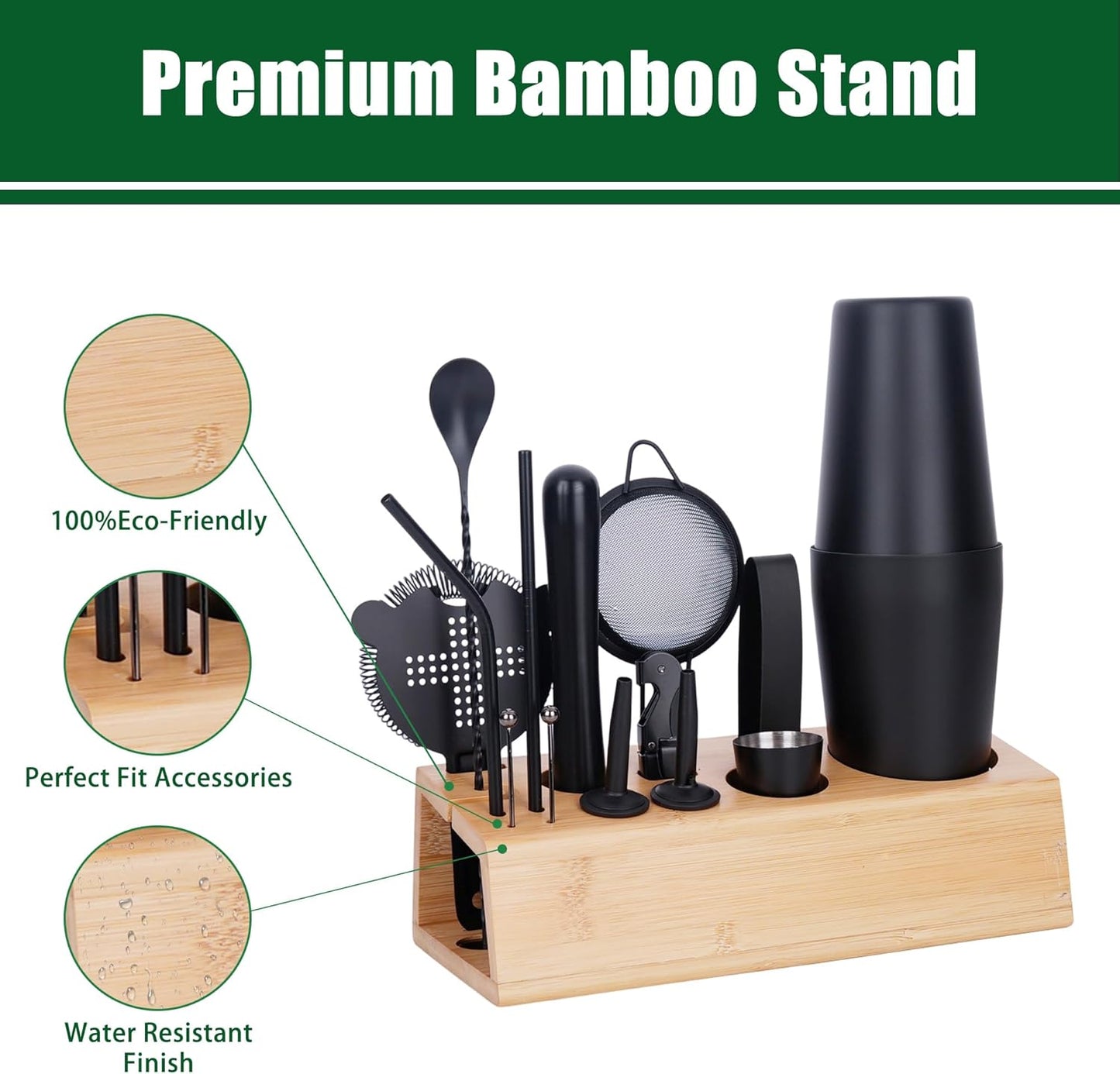 Cocktail Shaker Set Bartender Kit with Bamboo Stand, 15-Piece Stainless Steel Bar Set Accessories, Professional Bartending Kit Home Bar Tools Set with Recipes (Matte Black, Natural Wood Stand)