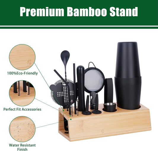 Cocktail Shaker Set Bartender Kit with Bamboo Stand, 15-Piece Stainless Steel Bar Set Accessories, Professional Bartending Kit Home Bar Tools Set with Recipes (Matte Black, Natural Wood Stand) - Matte Black / Wood Stand