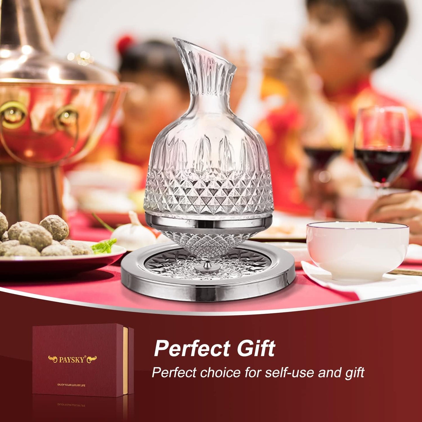 spinning wine decanter, 45 oz crystal rotating wine decanter with gift box, for wedding gift, birthday, banquet, supper