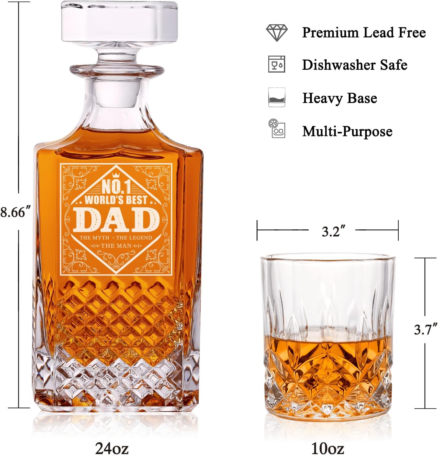 Gifts for Dad Men, Whiskey Decanter Set with Gift Box, Unique Christmas from Daughter or Son, Perfect Birthday and Retirement Present for Men - Includes 2 Ice Molds, 2 Coasters, and a Gift Card