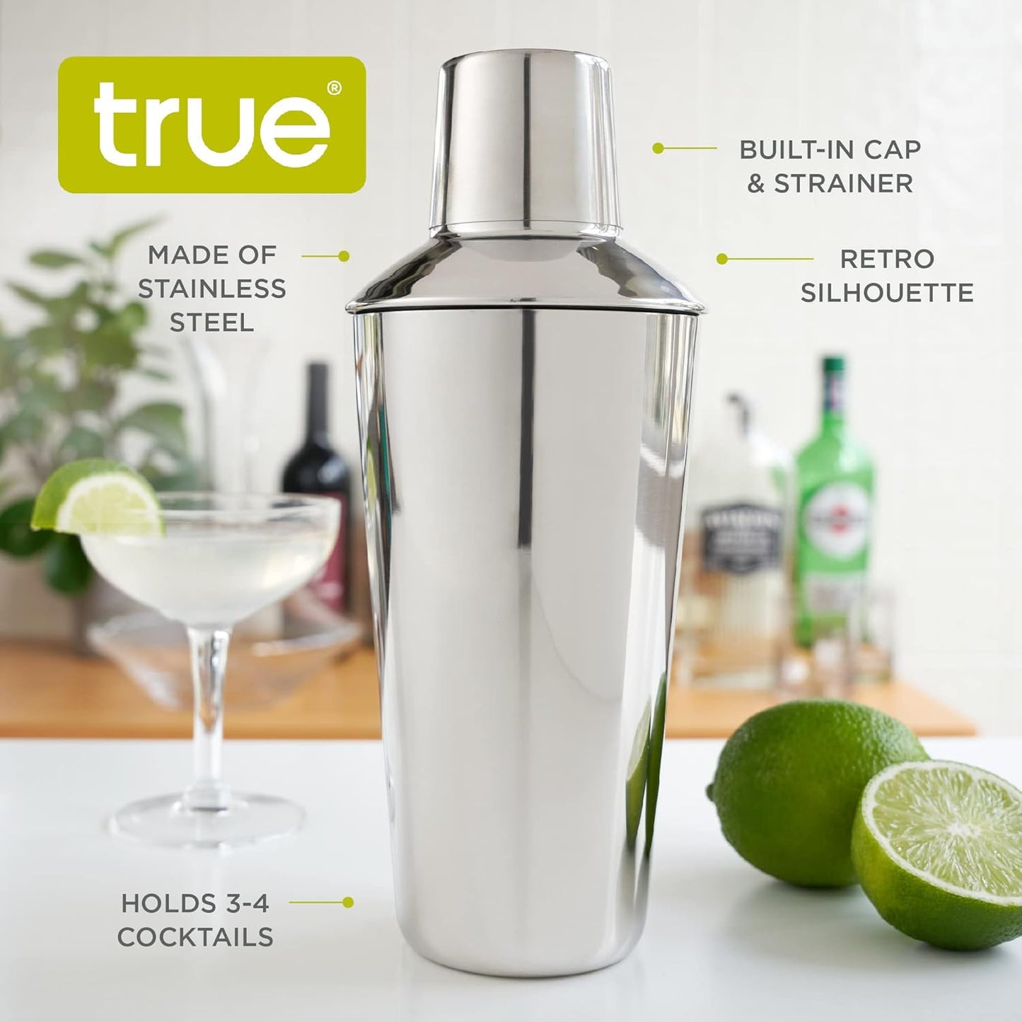 True Retro Stainless Steel Cocktail Shaker, Cold Brew Cocktails, Margarita, Whiskey Sour, Elegant Espresso Martini Shaker with Strainer and Jigger Cap, Home Bar Tools, Bartender Gifts, 34 oz, Silver