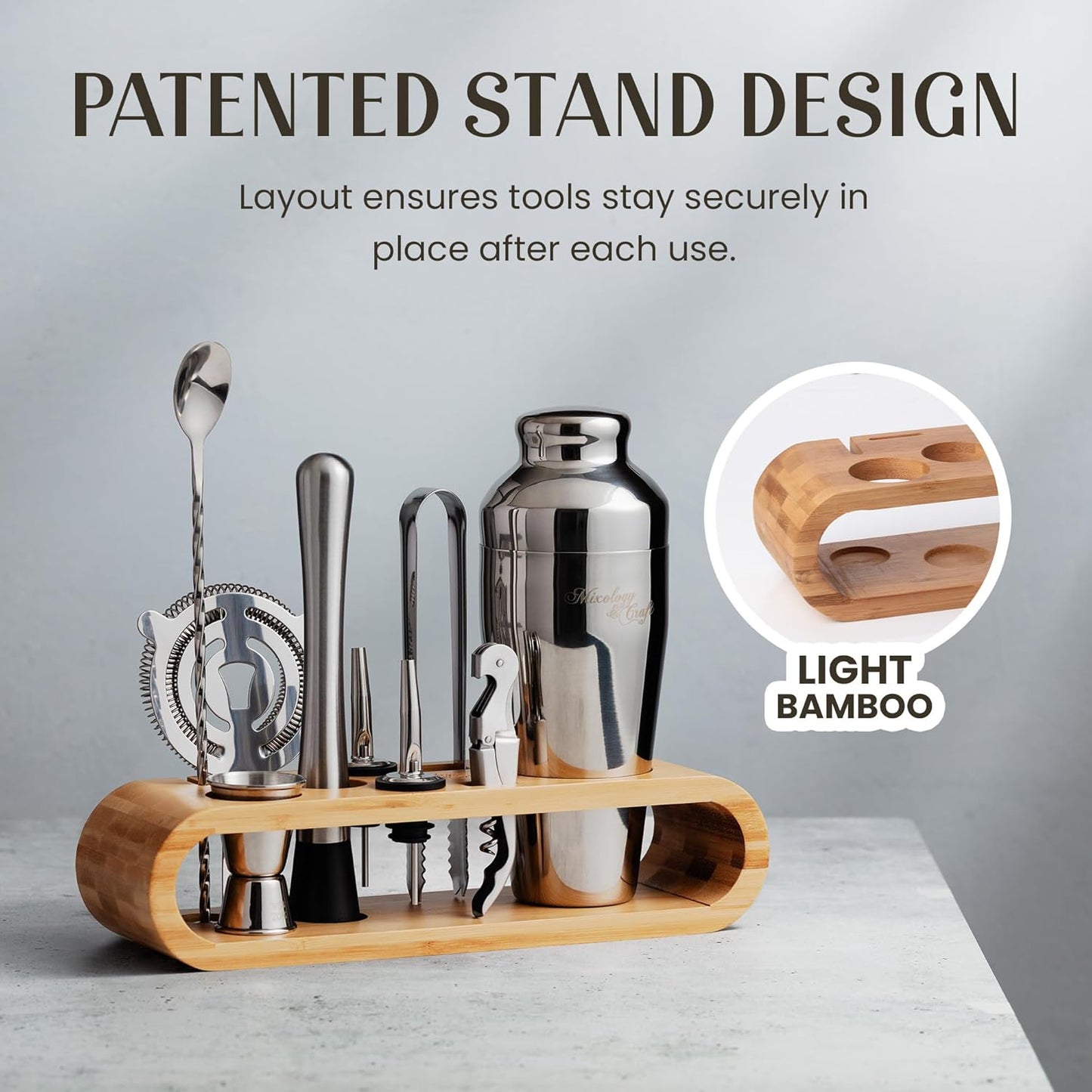 Mixology & Craft Cocktail Shaker Set with Bamboo Stand - Professional 18oz 10-Piece Bartender Kit, Complete Bar Set for Home Use with Jigger, Muddler, Strainer, Spoon, Pourers & Corkscrew (Silver)