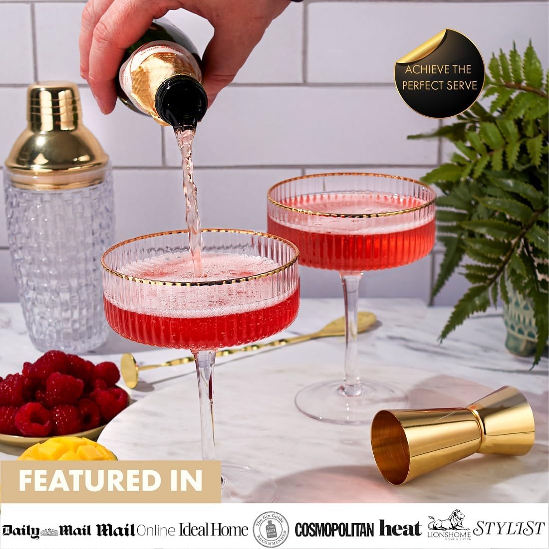 VEMACITY - Ribbed Espresso Martini Glasses Set of 4 with Gold Rims | Coupe Glasses | Vintage Cocktail Glasses for Margaritas, Champagne and More - Includes Jigger & Bar Spoon |