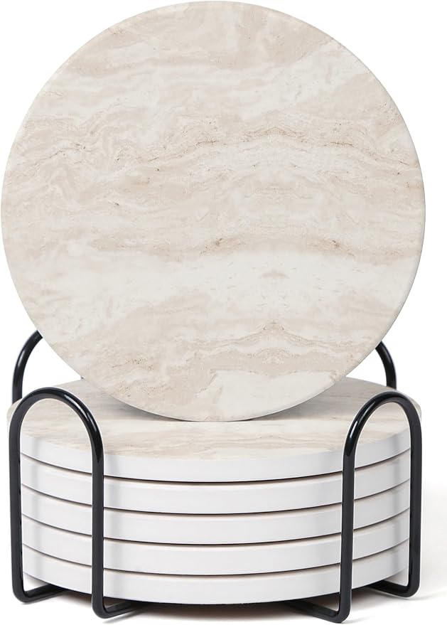 Set of 6 Mix Color Abstract Onyx Marble Coasters with Holder, Absorbent Ceramic Coasters for Drinks, Coasters with Cork Backing for Table Protection, Home Decor, Coffee Table Decor - B0DYDQ9PNX