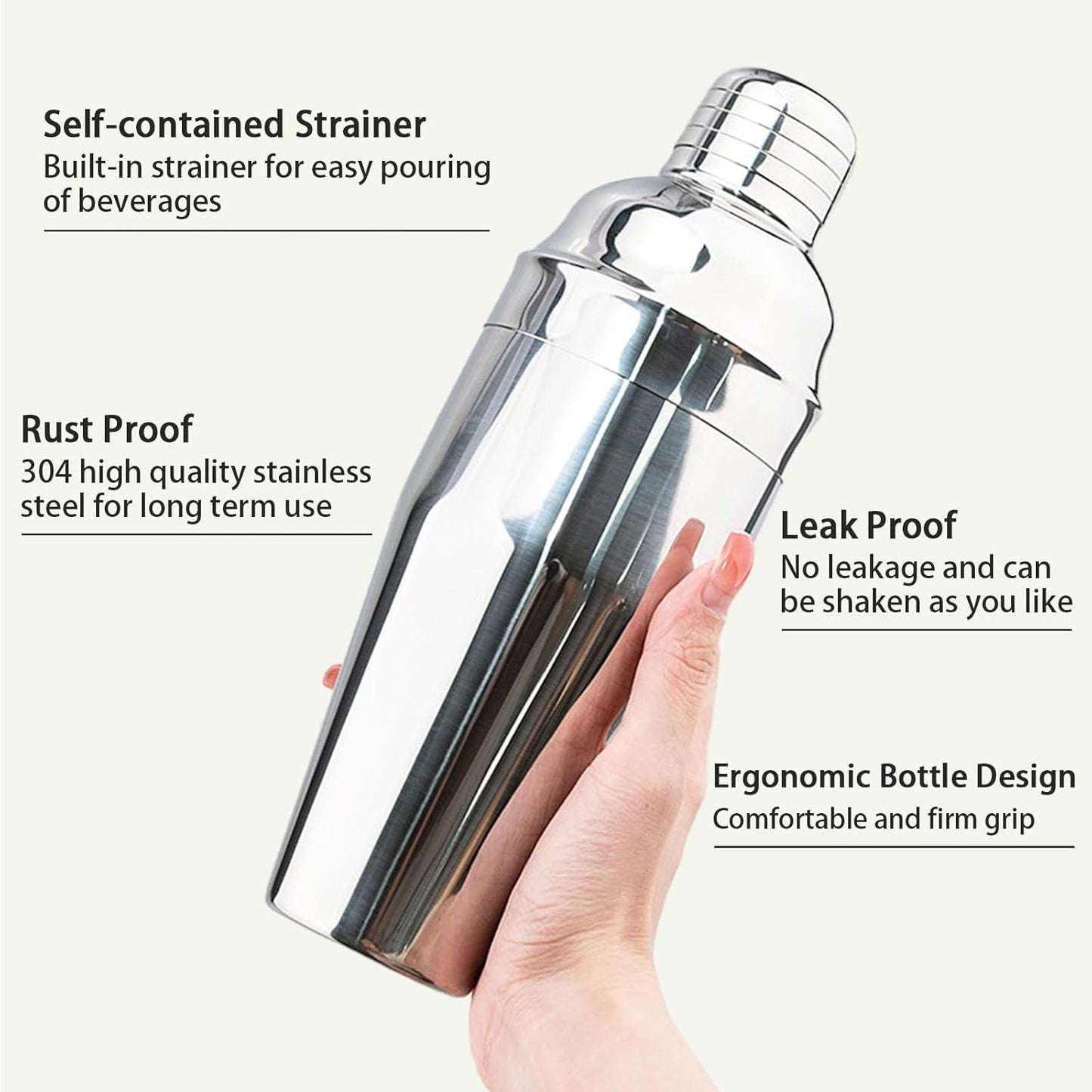 Cocktail Shaker, 24 oz Martini Shaker, Drink Shaker Built-in Strainer, Professional Drink Mixer Set for Beginners, with Measuring Cup and Stirring Spoon, Silver