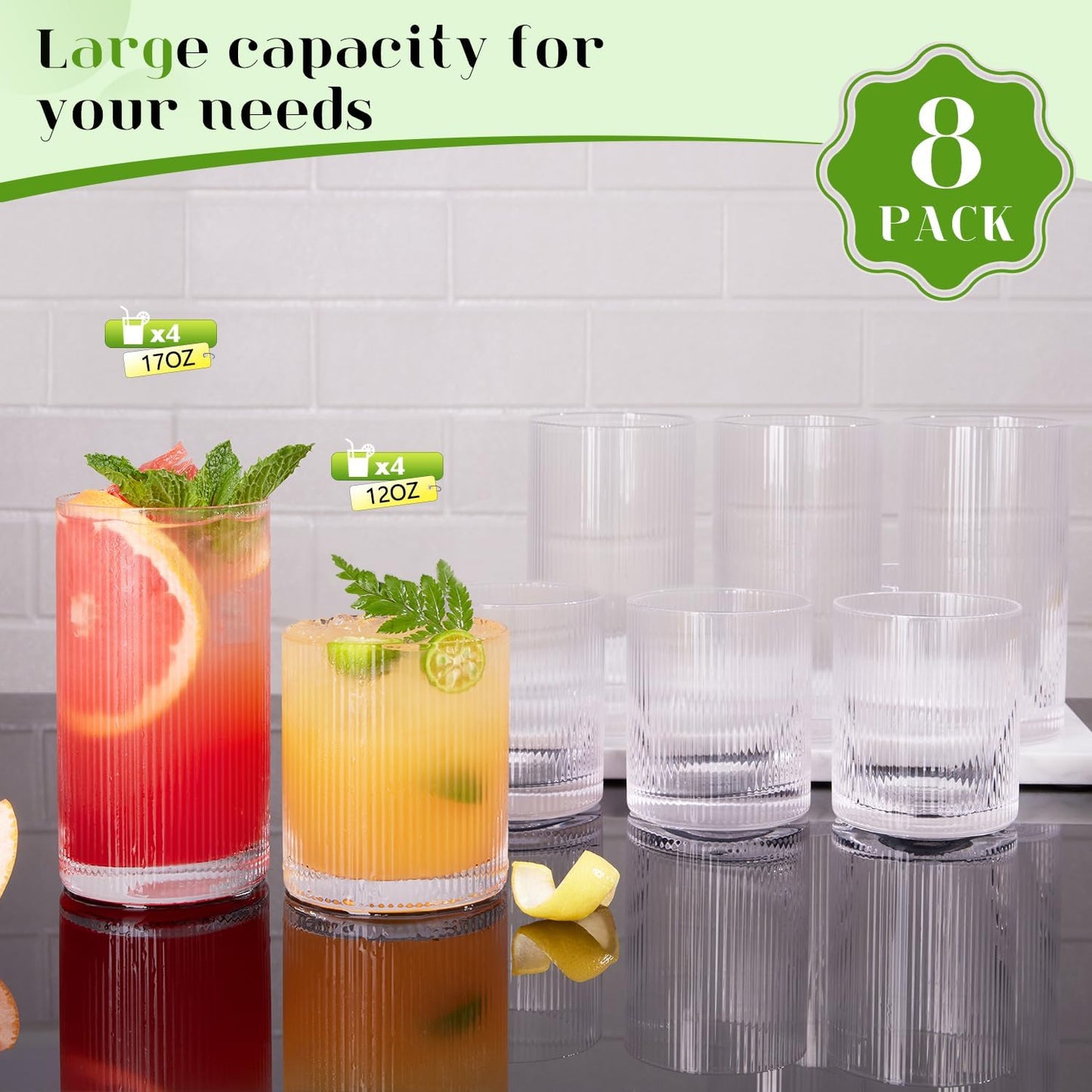 Ribbed Glass Cups Set of 8 - 4 Large Capacity Highball Glasses 17oz, 4 Rocks Glass Cups 12oz, Cocktail Glasses, Drinking Glasses Ideal for Beer, Juice, Water, Ice Coffee Cup, Whiskey, Mixed Drinkware