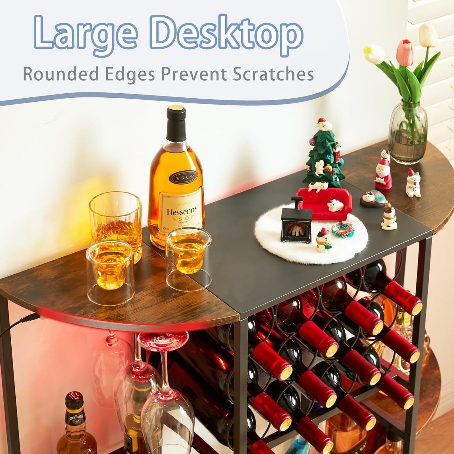JKsmart Wine Bar Cabinet with LED Lights, Mini Wine Rack with Storage and Glass Holder, Small Home Bar Cart for Liquor, 3-Tier Bar Table for Kitchen, Dining Room, Living Room, Rustic Brown