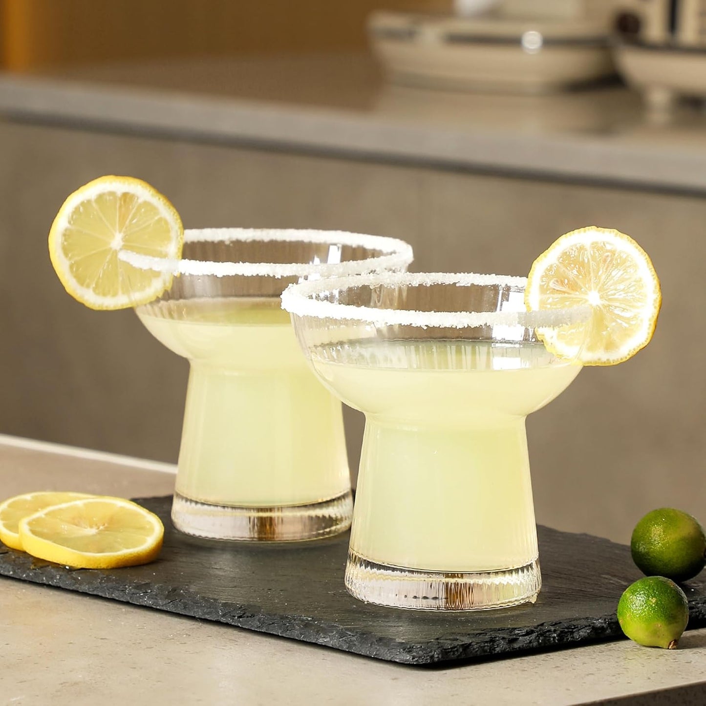 Lysenn Stemless Margarita Glasses Set of 4 - Elegant Vertical Stripes Cocktail Glasses – Premium Hand Blown Glassware for Martini and Mixed Drinks – 10 oz