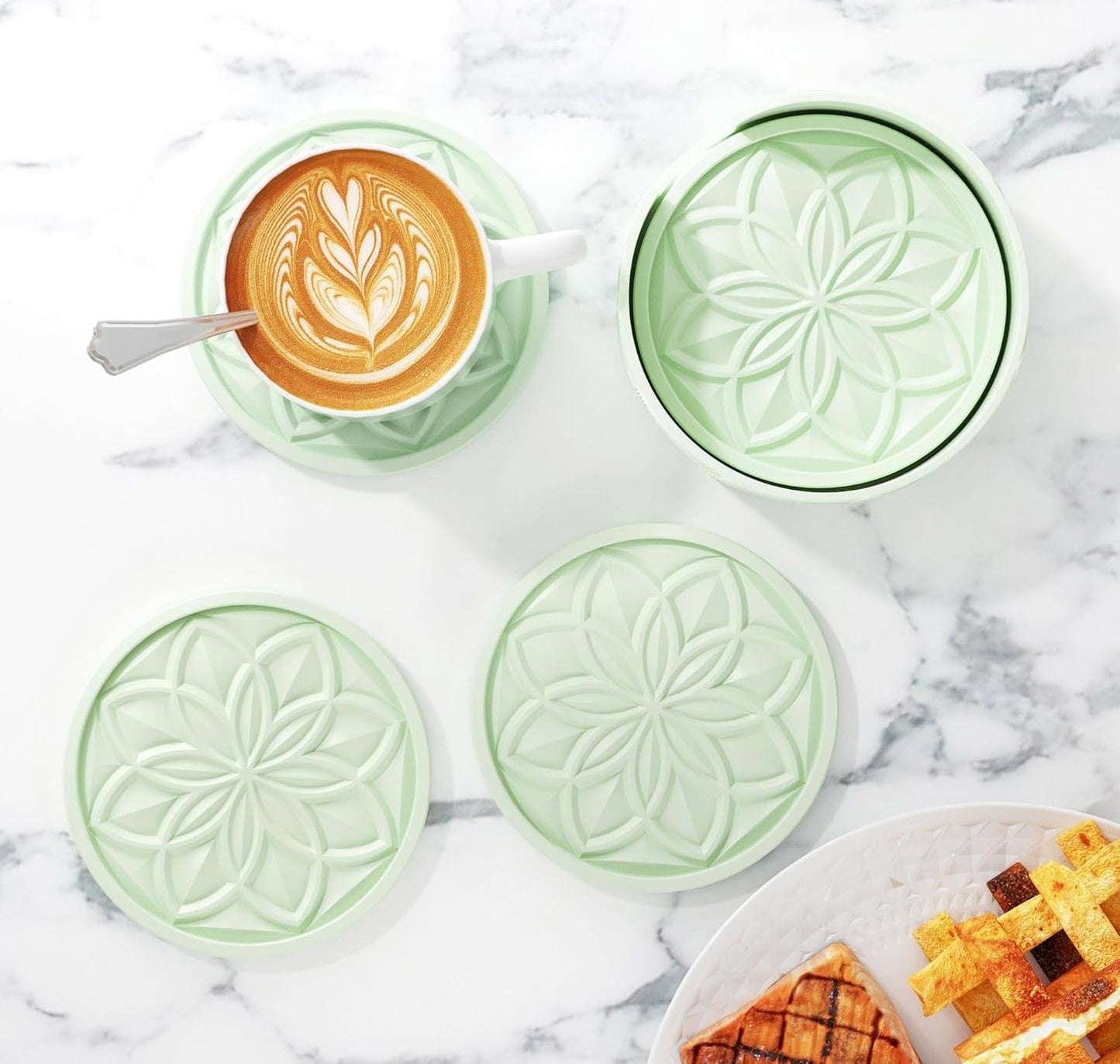 HFHOME Silicone Coasters Set for Drinks - 6 Pack With Holder, Table Cup Mat for Coffee Table, Desk, Bar - Tabletop Protection Gift - Nyanza Green