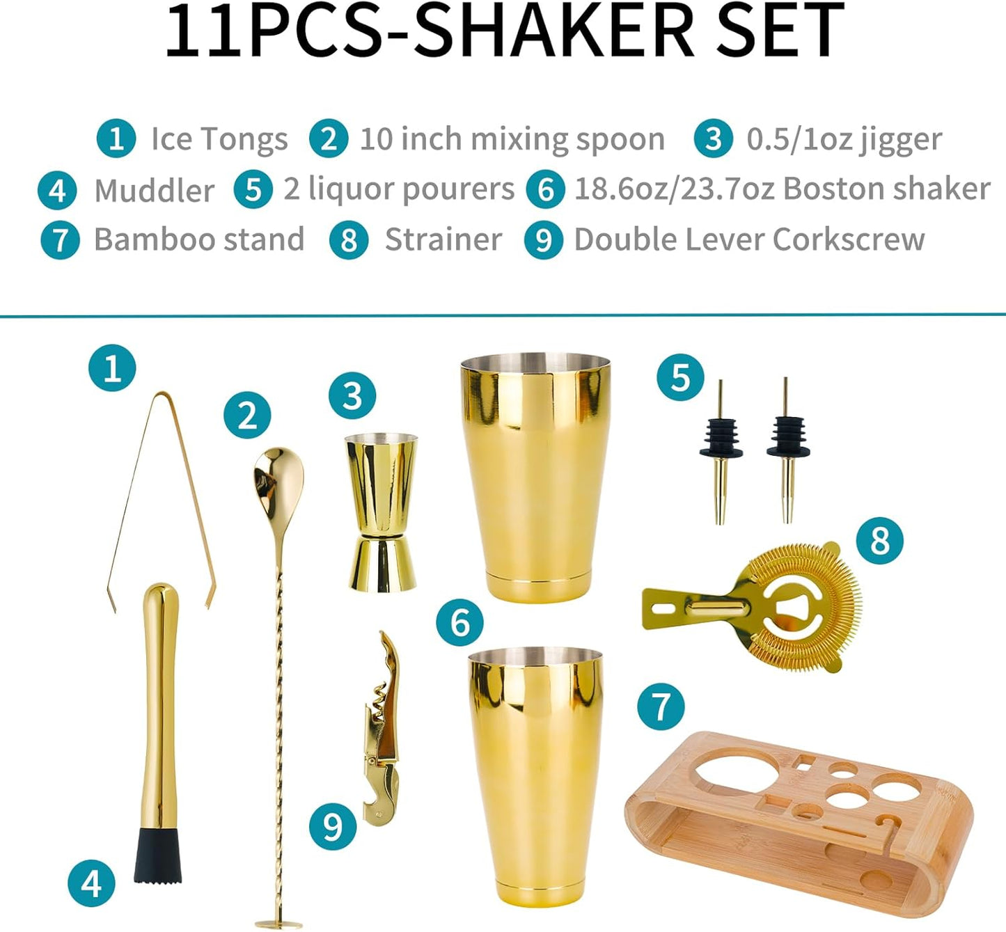 Cocktail Shaker Set Stainless Steel Shakers Bartending kit Bar Kits Bar Tool Sets for Professional Bartender and Home (Gold, 10-Pcs Boston Shaker)
