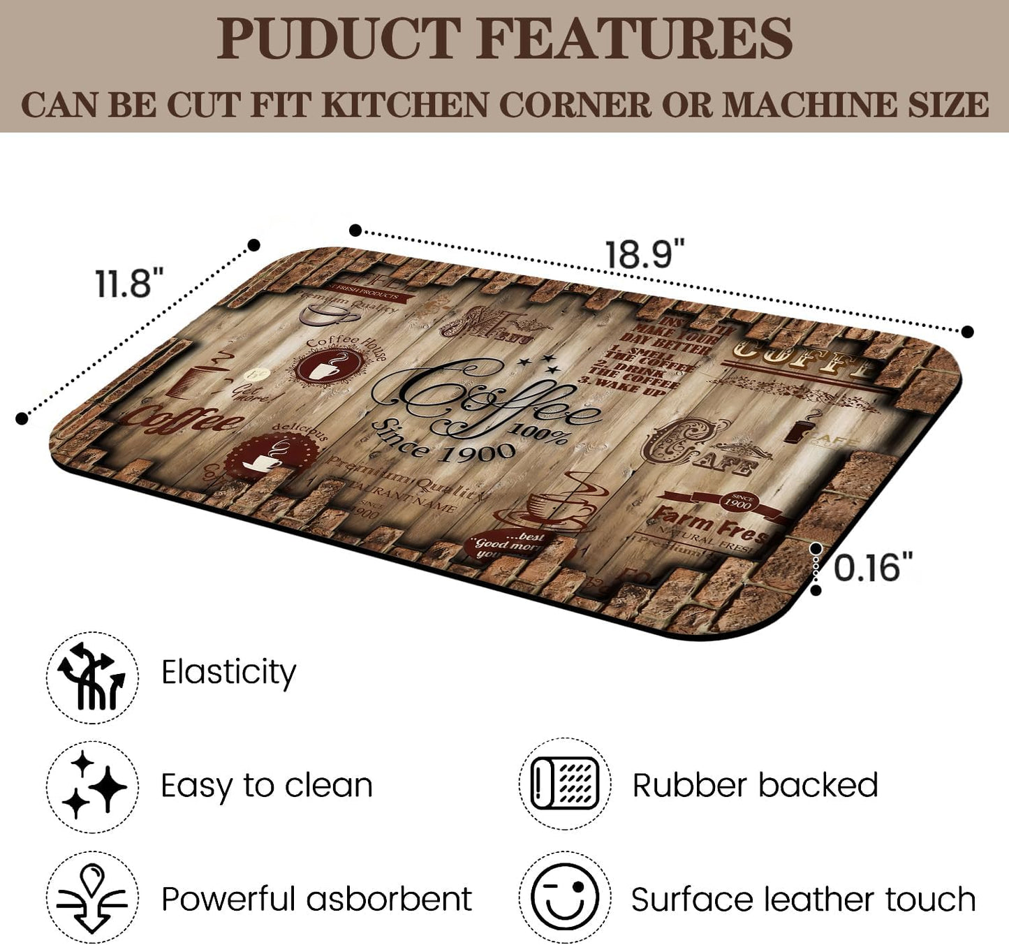 Absorbent Coffee Bar Mat for Espresso Machine Countertops - Rubber Backed Draining Pad - Fit Under Coffee Maker - 20x12in