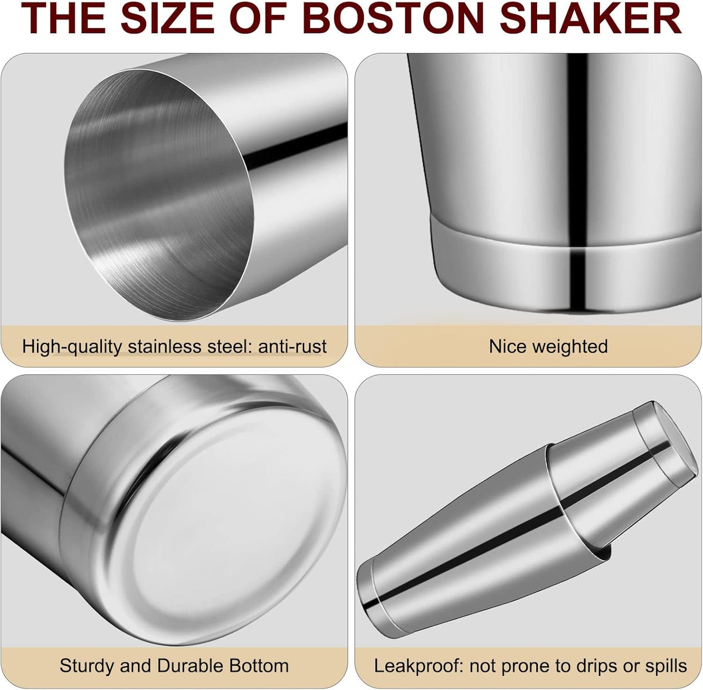Lallisa 10 Pieces Cocktail Shakers Professional Bar Boston Shaker Set Stainless Steel Martini Shaker Drink Mixer Basic Tools Weighted Shake Metal Can for Bartenders, 18 Oz, 28 oz(Silver)