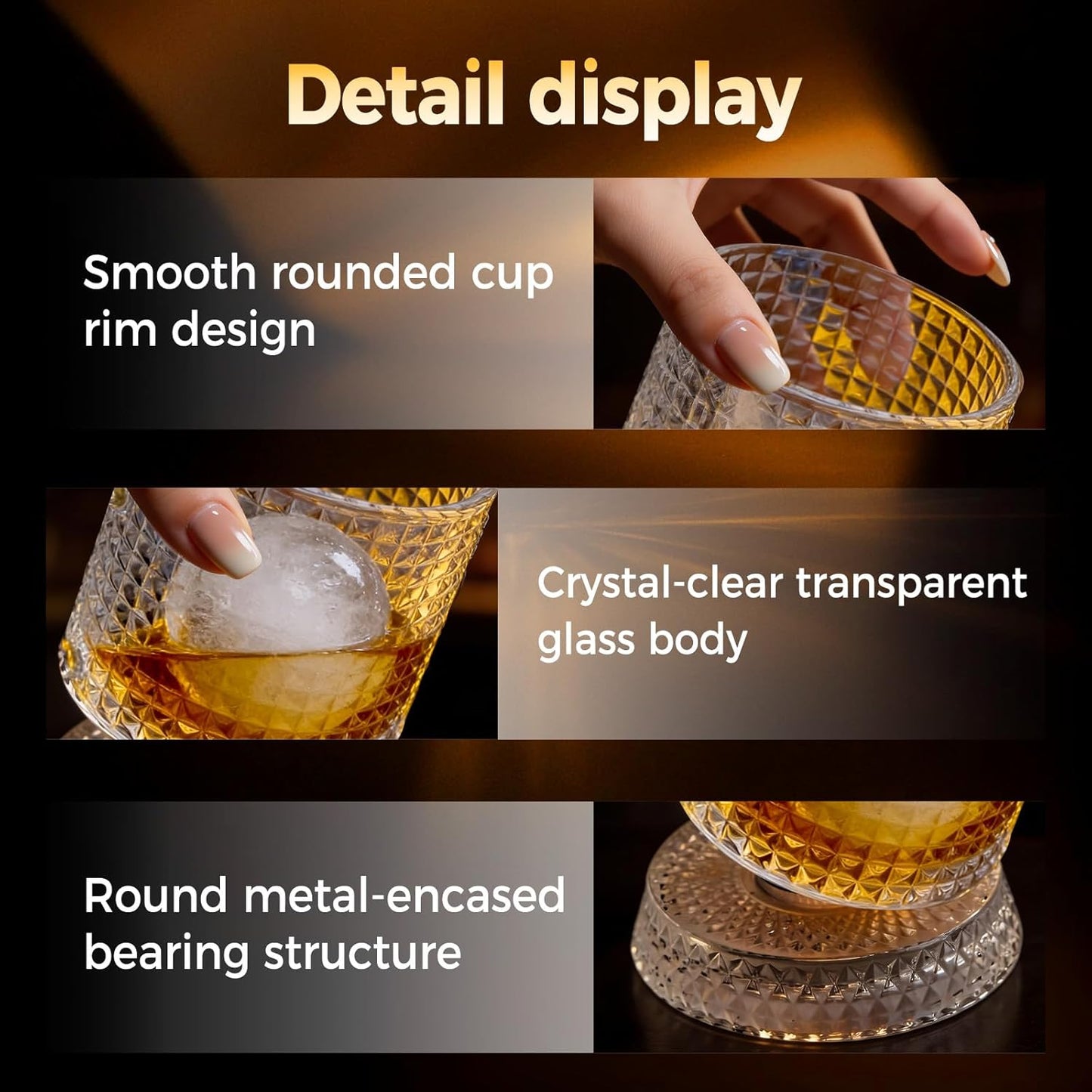Spinning Whiskey Glass with Ambient Lighting Set, 360 Degree Rotating Crystal Tumbler with Vintage Ribbed Patterns & 4 Color Lighting, Cool Drinking & Bar Accessories (grid pattern)