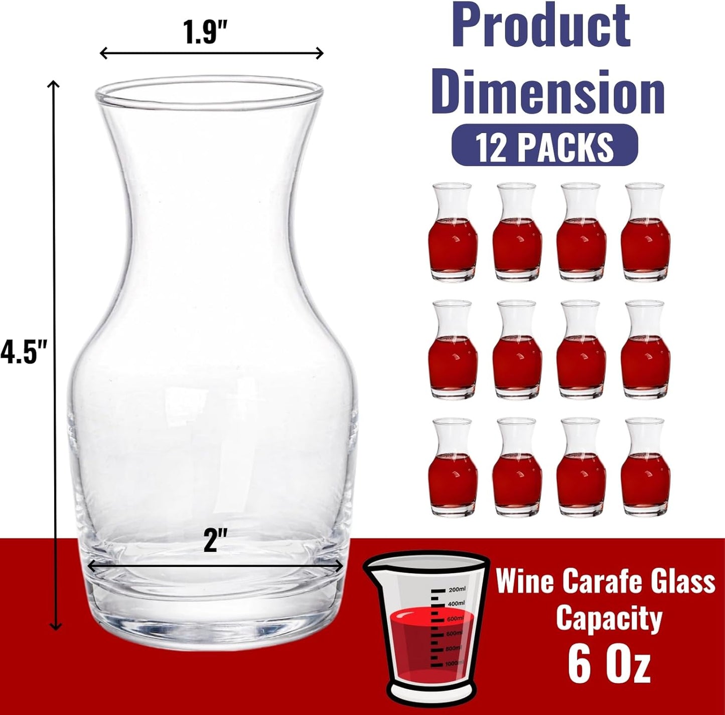 Set of 12 Wine Carafe Glass, 6 Oz Single Serving Mini Decanters for Individual Pours, Small Individual Carafes for Wine, Tasting, Champagne, Juice, Bars, Restaurants