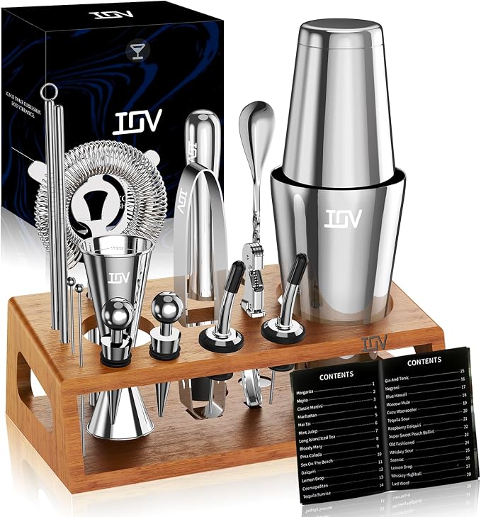 IOV Cocktail Shaker Set Bartender Kit with Stand | Bar Set Drink Mixer Set Includes Martini Shaker, Jigger, Strainer, Mixing Spoon, Muddler, Recipe Book | Home Bar Accessories Gift Set (Silver) - Boston Shaker Set-Silver