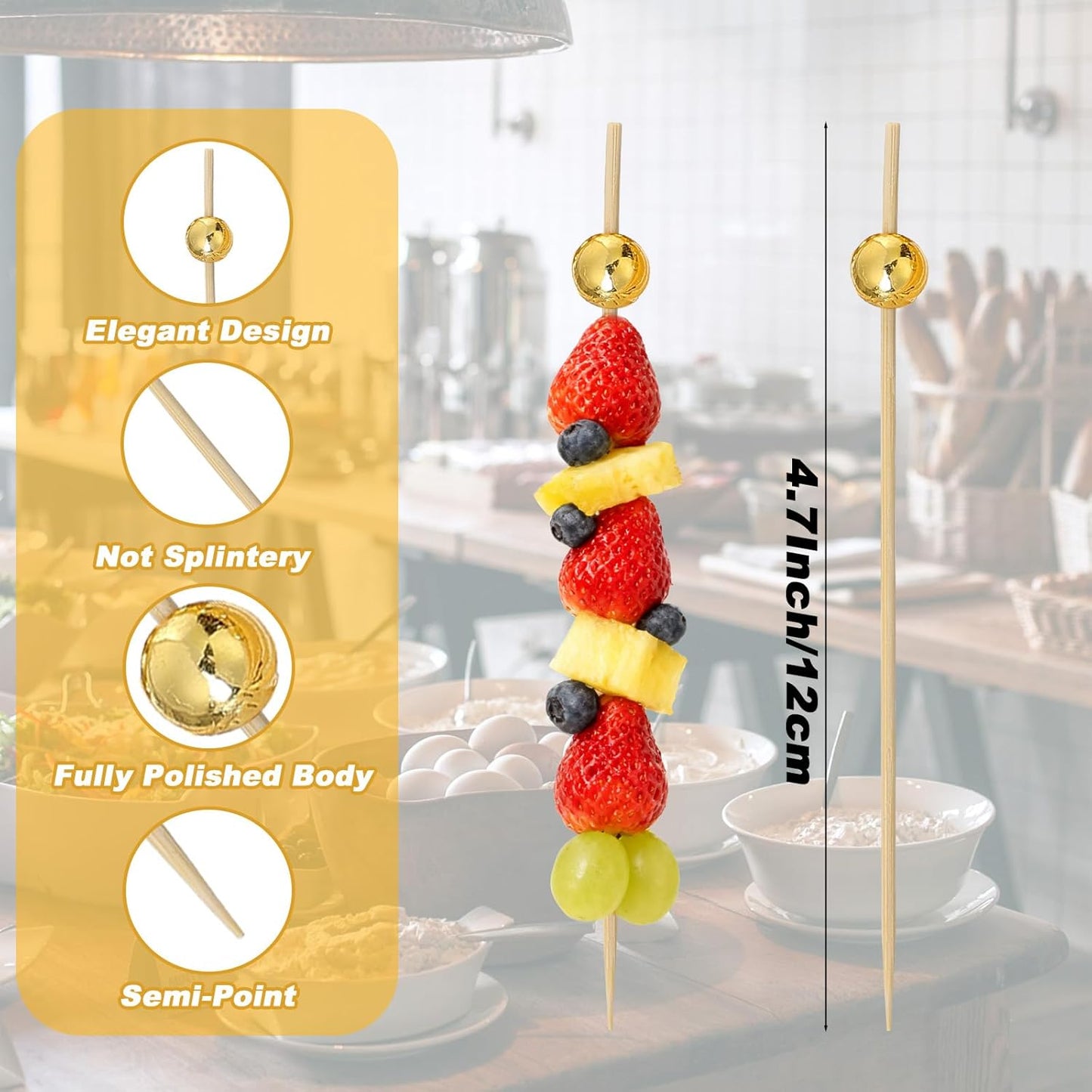 1000 Pcs Cocktail Picks Bamboo Party Toothpicks Decorative Fancy Toothpicks 4.7’’ Long Wooden Appetizer Skewers Gold Ball Food Sticks for Drinks, Fruit, Charcuterie, Wedding Food Party