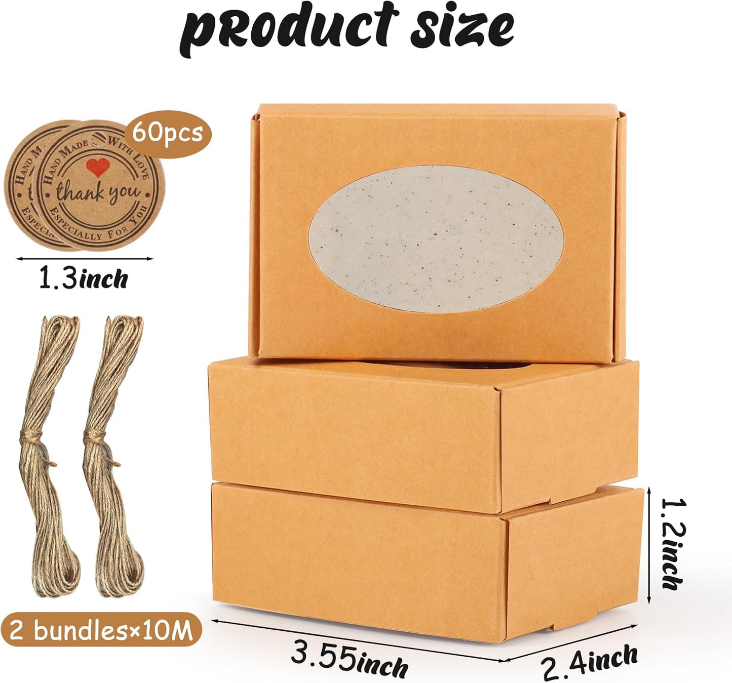 RYKOMO 60 PCS Kraft Soap Boxes with Window - Mini Soap Gift Boxes for Homemade Bakery, Candy, Cookies Packaging - 3.55 x 2.4 x 1.2 Inch