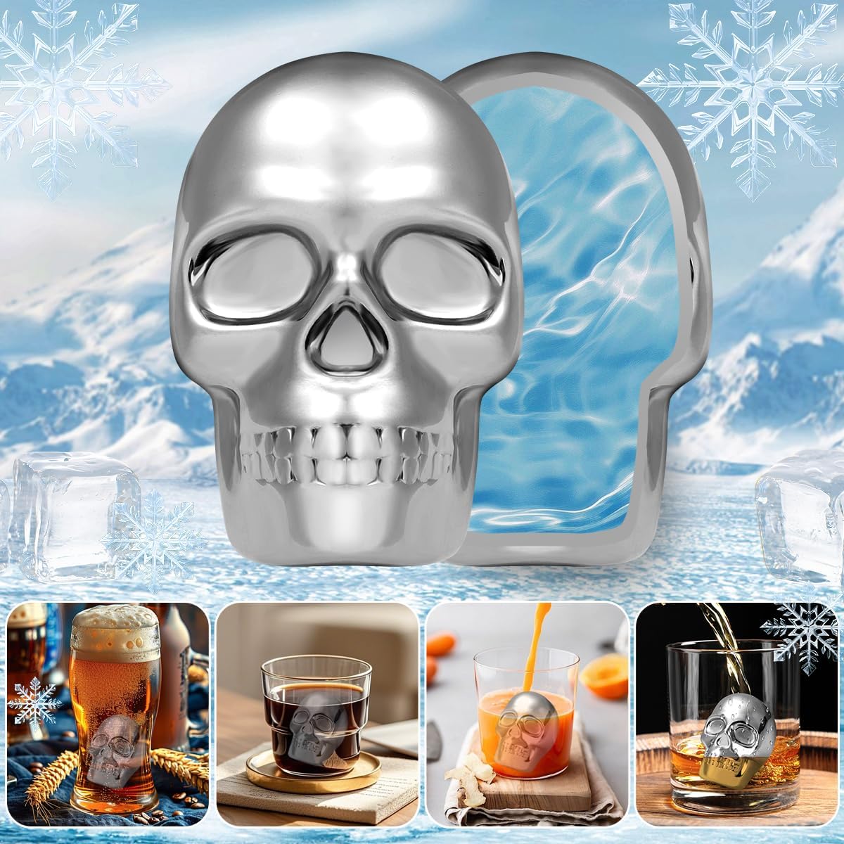 Skull Head Stainless Steel Ice Cubes Mold, Whisky Stones Stainless Steel, Set of 2 with Gift Bag, Skull Head Cooling Stones, Whiskey Stones Reusable, Bar Accessories, for Whisky, Gin, Rum, Tequila