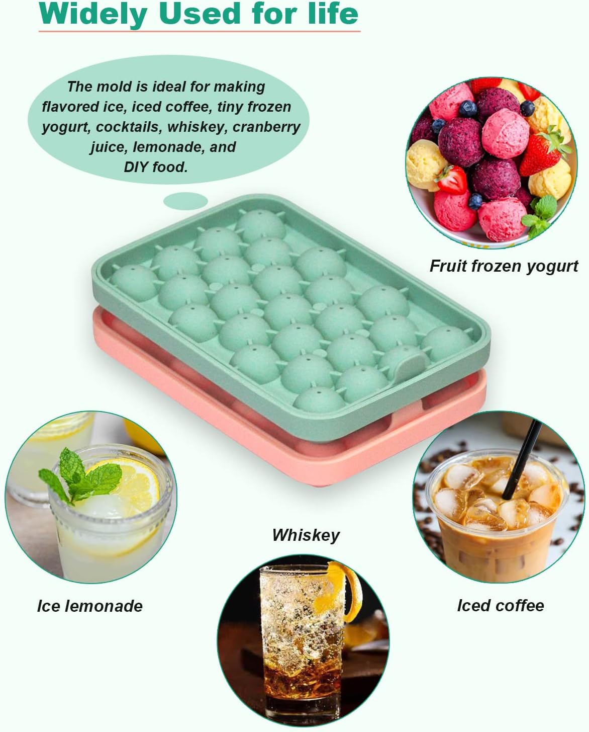 Silicone Ice Cube Molds 2 Pack, Round Ice Cube Tray Silicone with Lid, Flexible 25-Cavity Easy Release Ice Trays for Freezer, DIY Homemade Ice Cubes for Cocktail, Whiskey, Juice, BPA Free