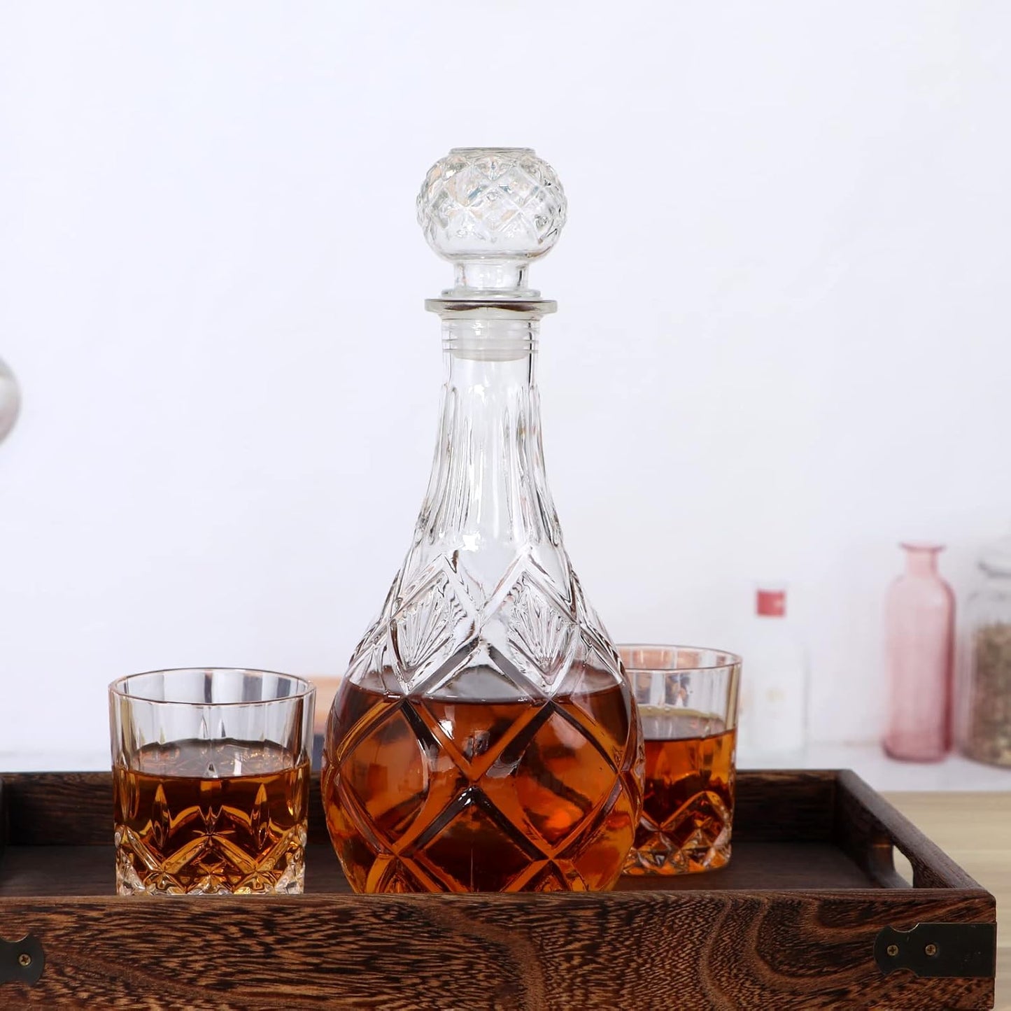 MDLUU Glass Decanter with Airtight Stopper, 1000ML/33.8OZ Liquor Decanter Bottle for Wine, Whiskey, Brandy, Vodka (Round Diamond)