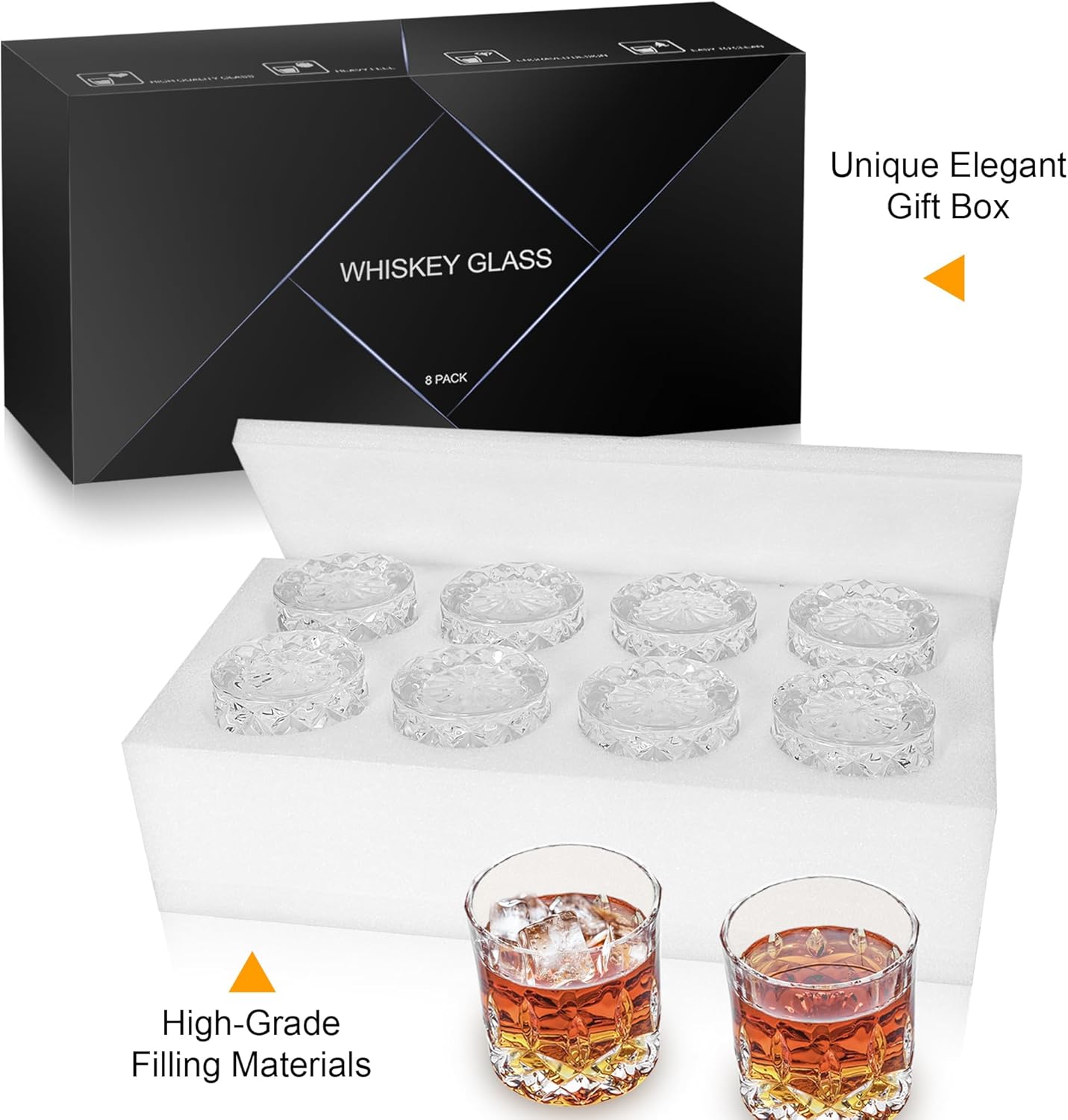 QUMMFA Whiskey Glasses Set of 8, 11 oz Crystal Old Fashioned Glasses, Buy 6 Get 2 Free, Perfect for Bourbon, Scotch, Vodka, Gift for Men, Women, Dad, Father